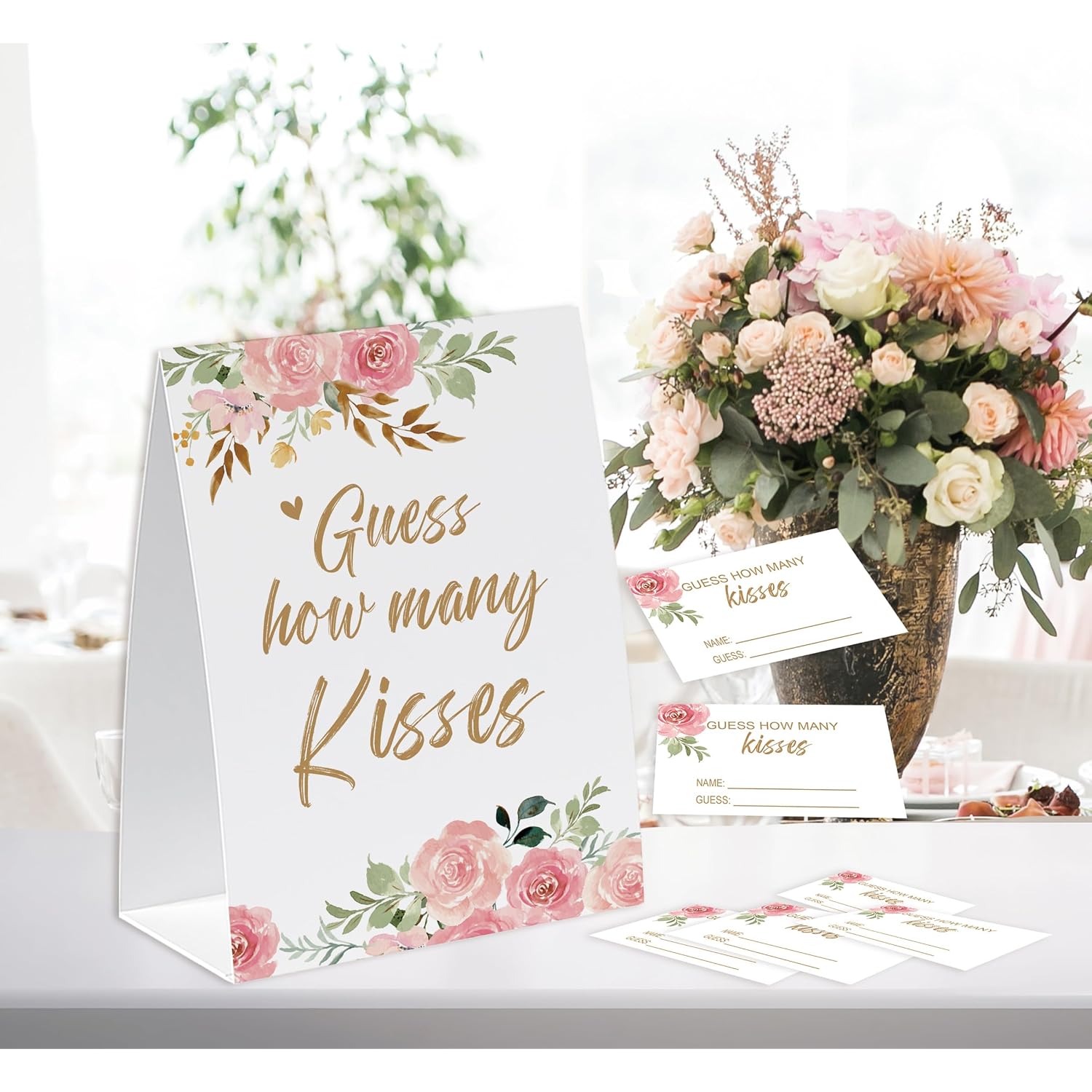 How Many Kisses Bridal Shower Game,(1 Standing Sign + 50 Guessing Cards), Floral Guessing Cards, Love Is Bloom Decorations, How Many Candies Baby Shower Game, Wedding Games For Guests-Gk05