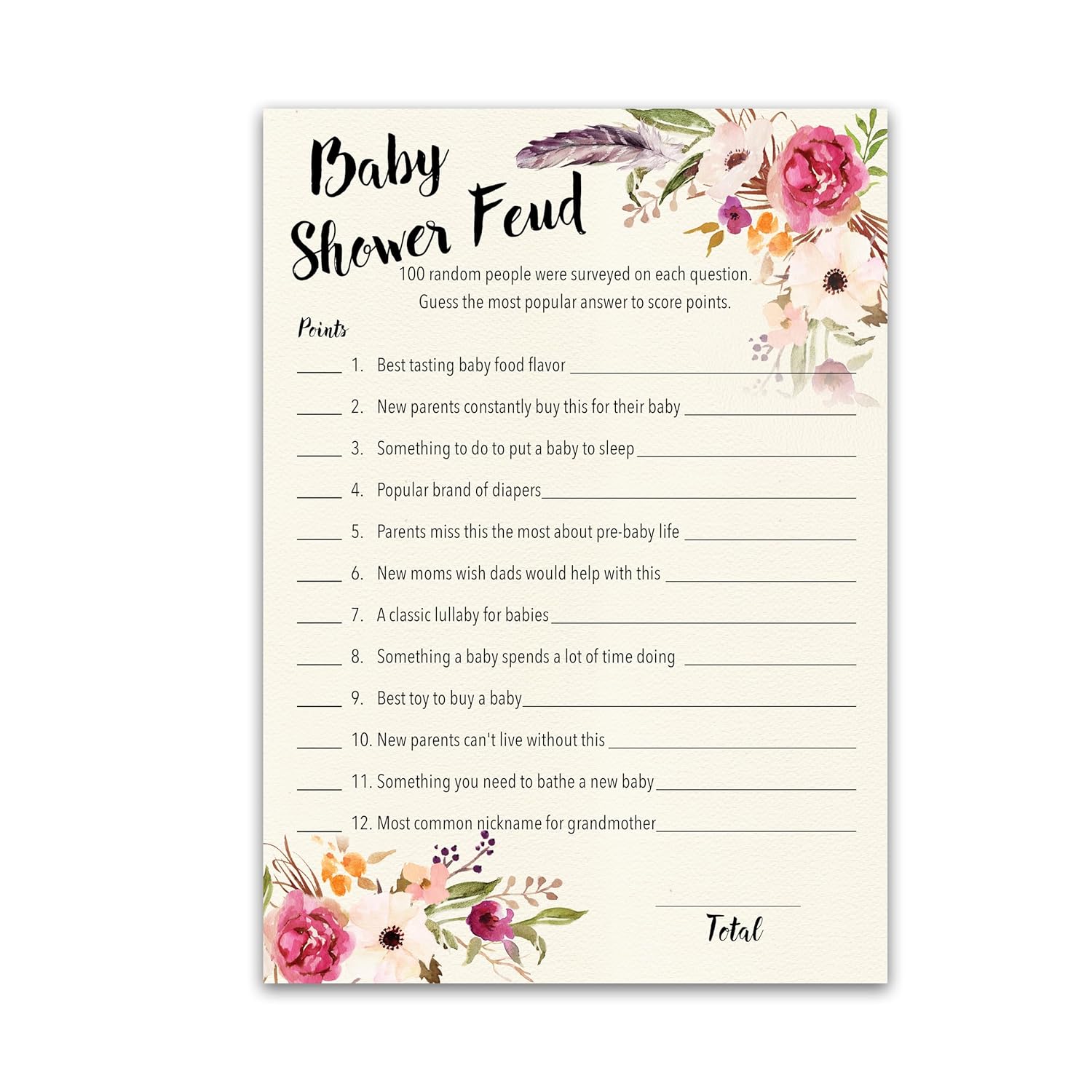 Boho Baby Shower Feud Game — Pack Of 25 — Fun Shower Family Feud Games, Girl Bohemian Pink Floral Baby Shower Activity, Rustic Chic Games G400-Bsf