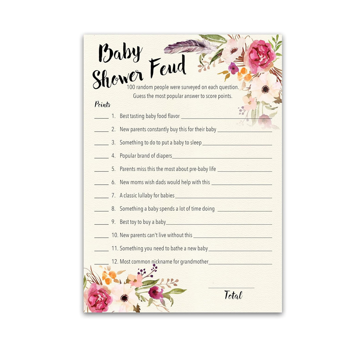 Boho Baby Shower Feud Game — Pack Of 25 — Fun Shower Family Feud Games, Girl Bohemian Pink Floral Baby Shower Activity, Rustic Chic Games G400-Bsf