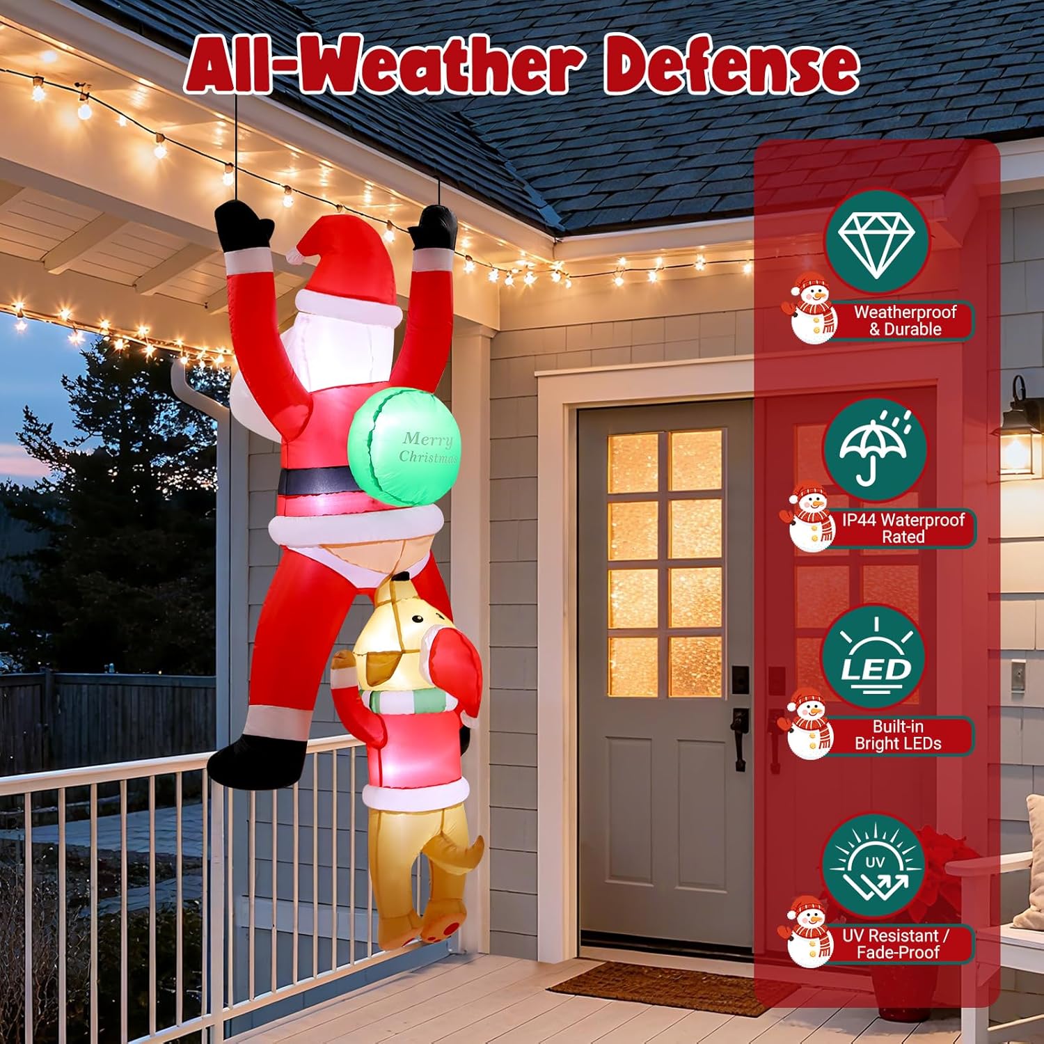 6Ft Hanging Christmas Inflatables Outdoor, Climbing Santa With Dog Blow Up Roof Decor, Funny Built-In Led Lights Xmas In