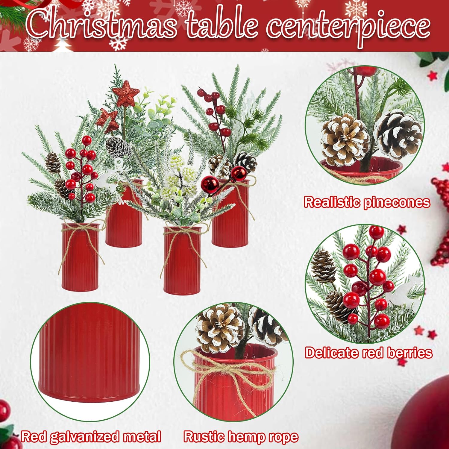 4 Pcs Christmas Centerpiece Table Decorations Artificial Potted Plants Floral Arrangement With Red Berries Pinecones Stars Balls For Home Desktop Farmhouse Party Decor