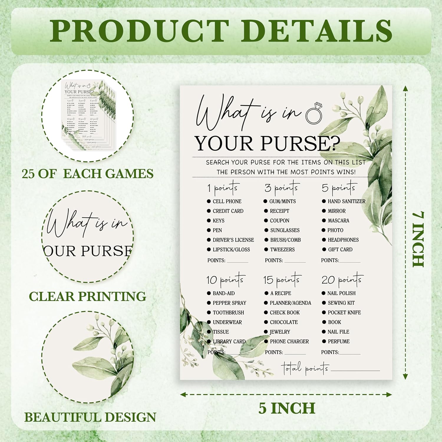 Greenery Bridal Shower Games Cards, What Is In Your Purse Game Card Reception For Wedding Showers Engagement Party Bachelorette Party, Bridal Party Games For Decorations Favors Supplies, Set Of 25-03