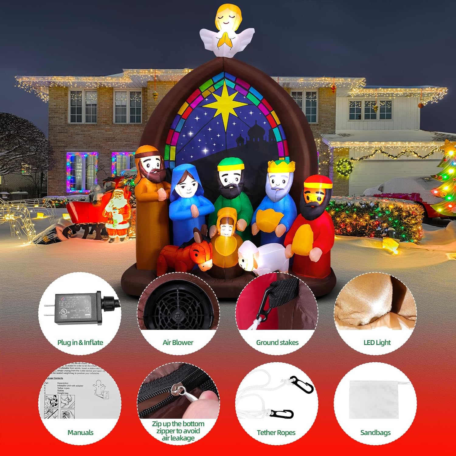 8Ft Christmas Inflatables Nativity Scene Outdoor Decorations With Led Lights, Large Christmas Jesus Blow Up Yard Decorat
