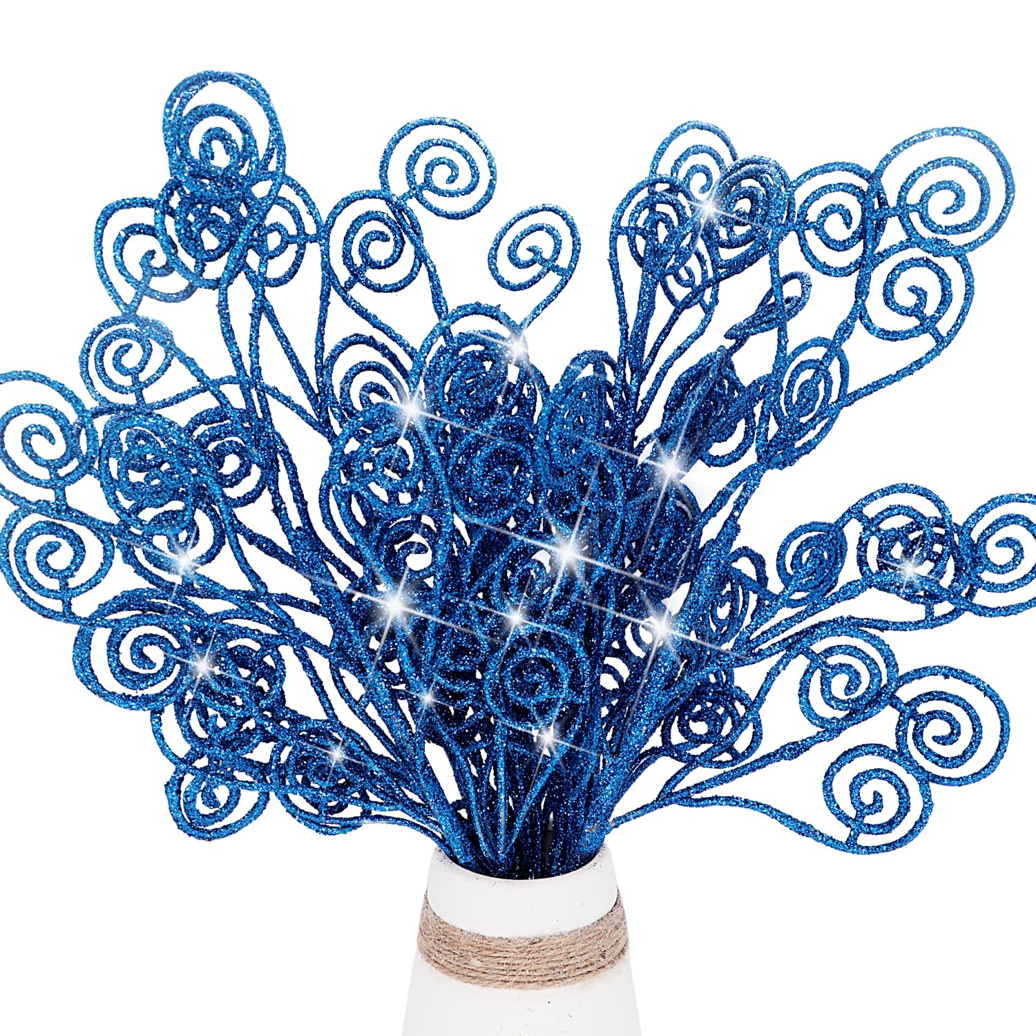 6Pcs Artificial Glitter Stems Ornaments 17.5" Sparkly Twigs Sticks Candy Sprays Curly Picks For Christmas Tree Branches Vase Fillers Wedding Party Holiday Arrangement Decor (6, Blue)