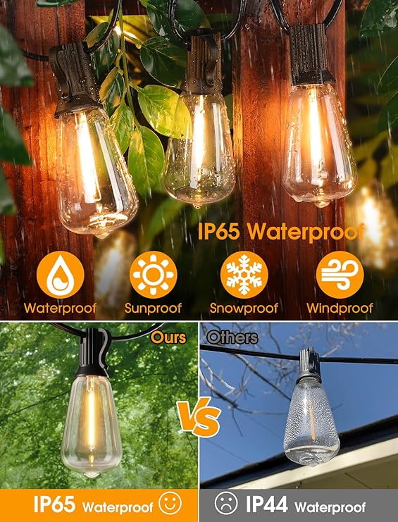 25FT Outdoor String Lights with Dimmable ST38 Edison Bulbs Waterproof Patio Lights