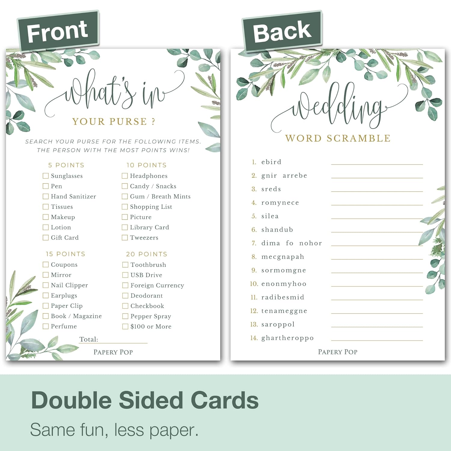 Bridal Shower Games - Wedding Shower Games - 4 Games For 25 Guests - Double Sided Cards - Eucalyptus