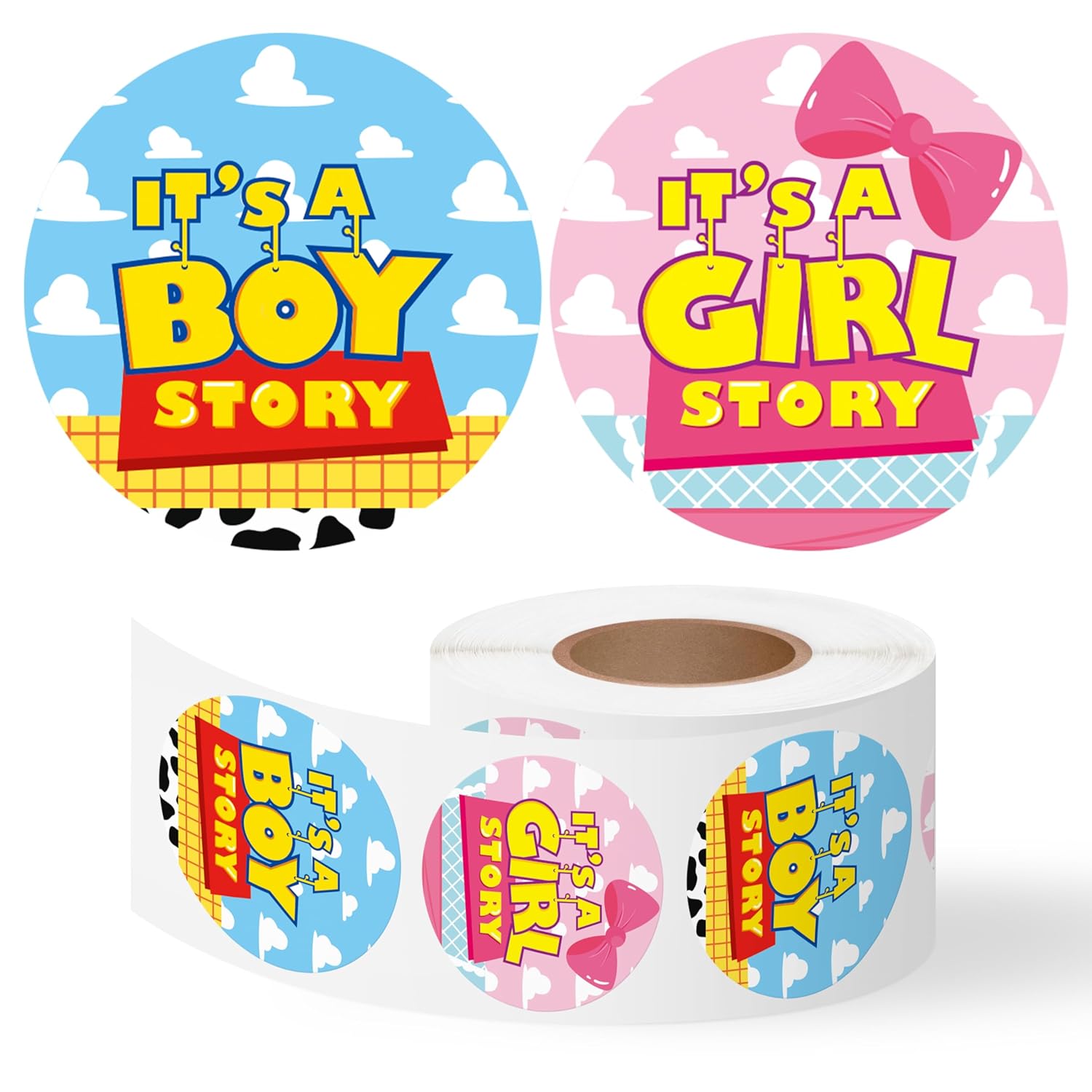 500Pcs Cartoon Boy Or Girl Story Gender Reveal Stickers Cute Blue Pink Pattern Party Supplies Choose Team Boy Team Girl 2 Inch Roll Stickers For Voting Game Ideas Baby Shower Gender Reveal Party