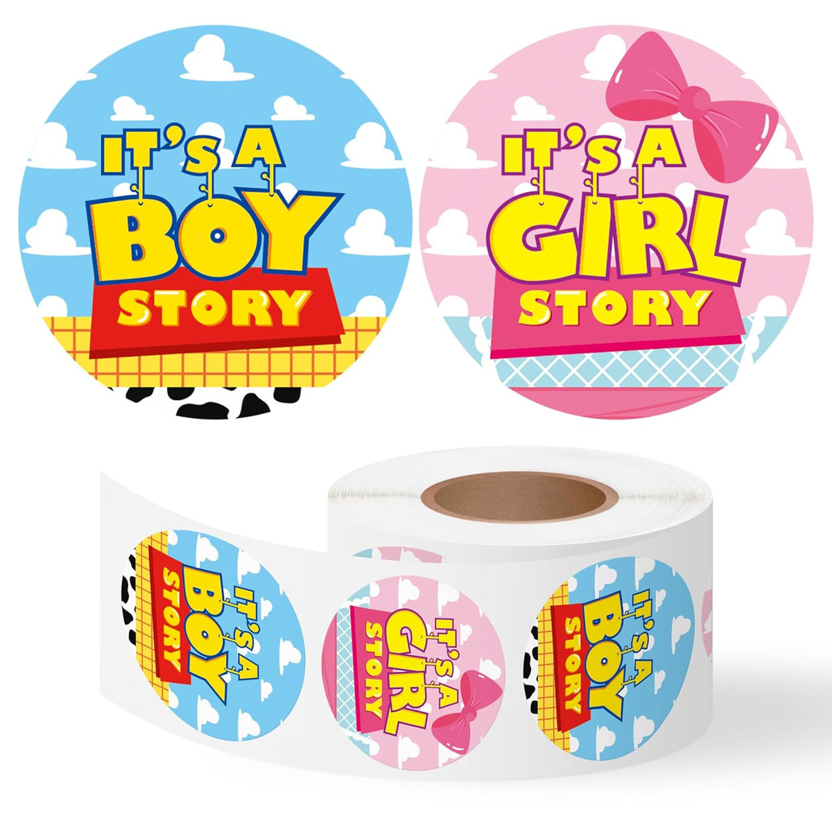 500Pcs Cartoon Boy Or Girl Story Gender Reveal Stickers Cute Blue Pink Pattern Party Supplies Choose Team Boy Team Girl 2 Inch Roll Stickers For Voting Game Ideas Baby Shower Gender Reveal Party