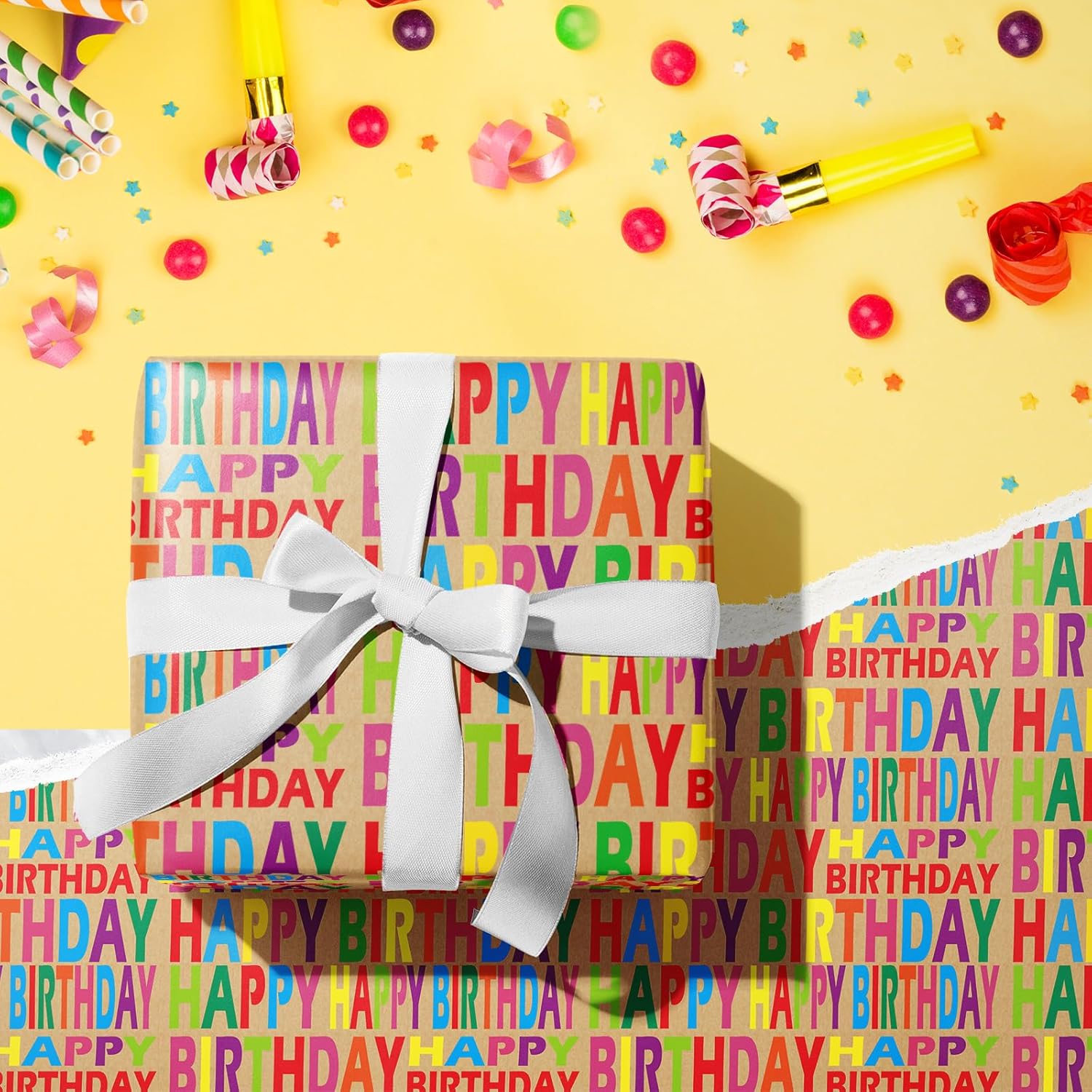Kraft Wrapping Paper Roll - Mini Roll - Colorful Text Happy Birthday Design Great For Birthday, Party, Baby Shower - 17 Inches X 32.8 Feet