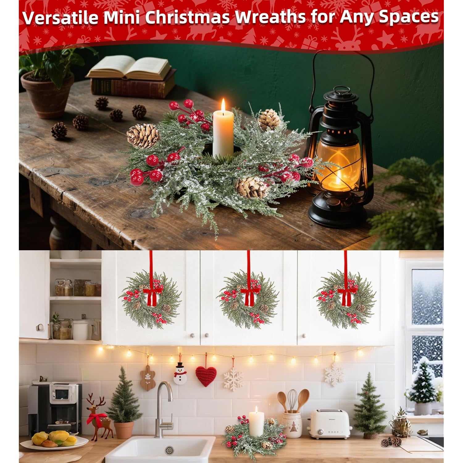 6 Pack Flocked Mini Christmas Wreath Candle Rings – 9"X3.5" Snowy Cypress Wreaths With 20 Branches 21 Red Berries & 3 Pinecones, Small Xmas Candle Wreath Decor For Cabinet Table Centerpiece Holiday