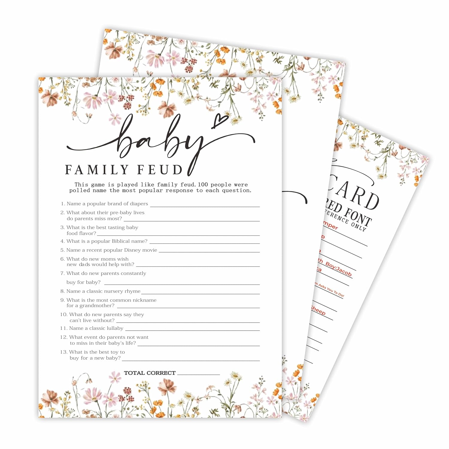 Baby Shower Game Cards, 30 Double-Sided Game Cards & 1 Answer Cards, Baby Announcement, Family Feud Game Cards, Spring Flower, Gender Reveal Party Favor, Activity - C08