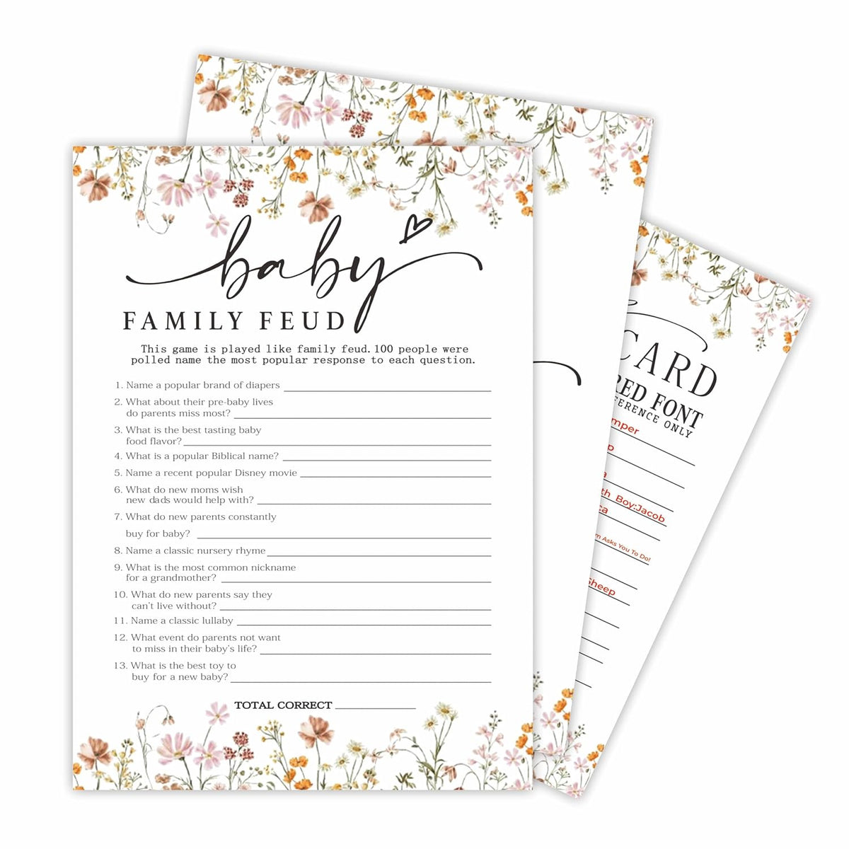 Baby Shower Game Cards, 30 Double-Sided Game Cards & 1 Answer Cards, Baby Announcement, Family Feud Game Cards, Spring Flower, Gender Reveal Party Favor, Activity - C08