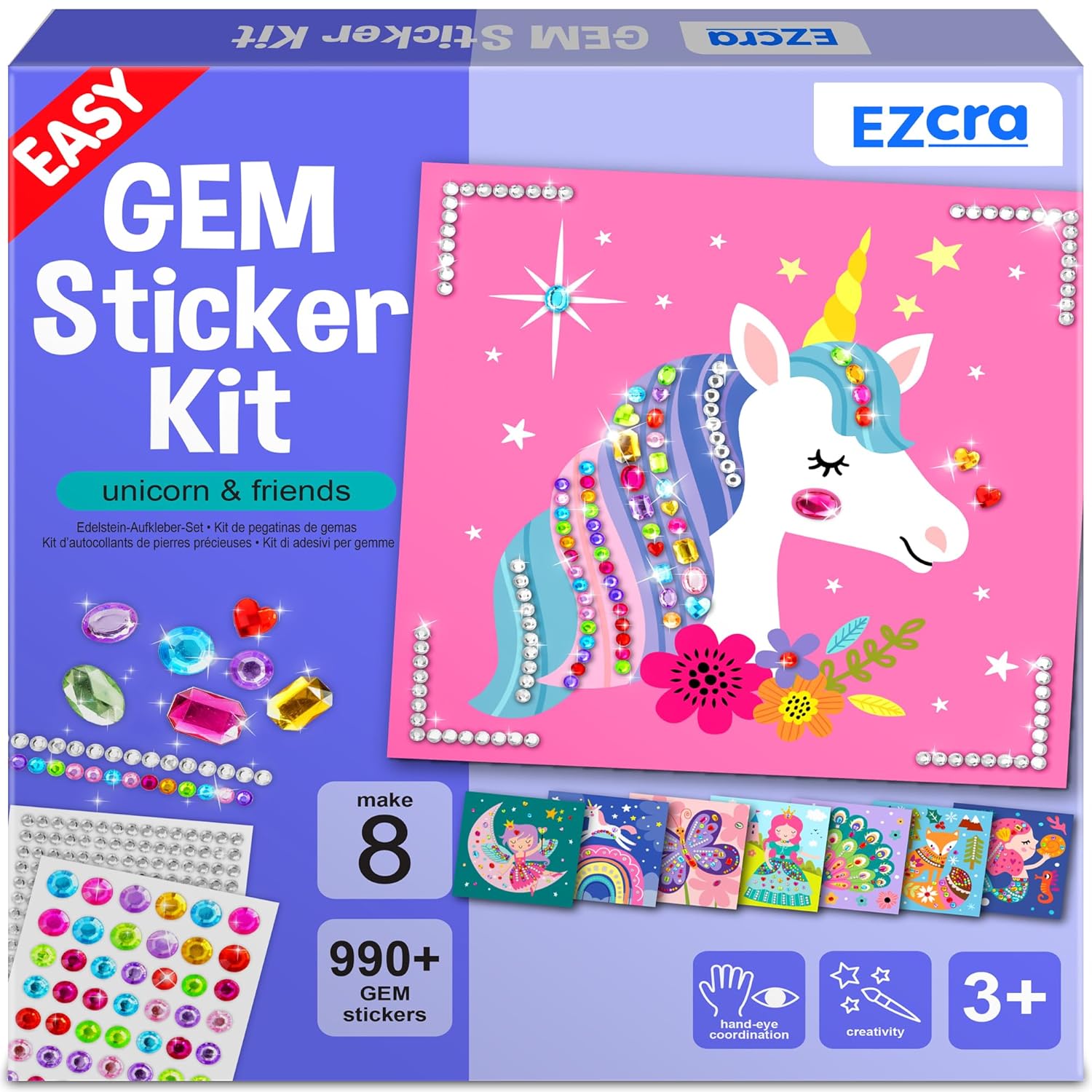 Easy Arts And Crafts For Kids - Fun Gem Sticker Kit - 8 Unicorn Princess Themes, 990+ Stickers - Gem Art For Kids - Diamond Art Kits - Gifts For Girls Ages 3-8