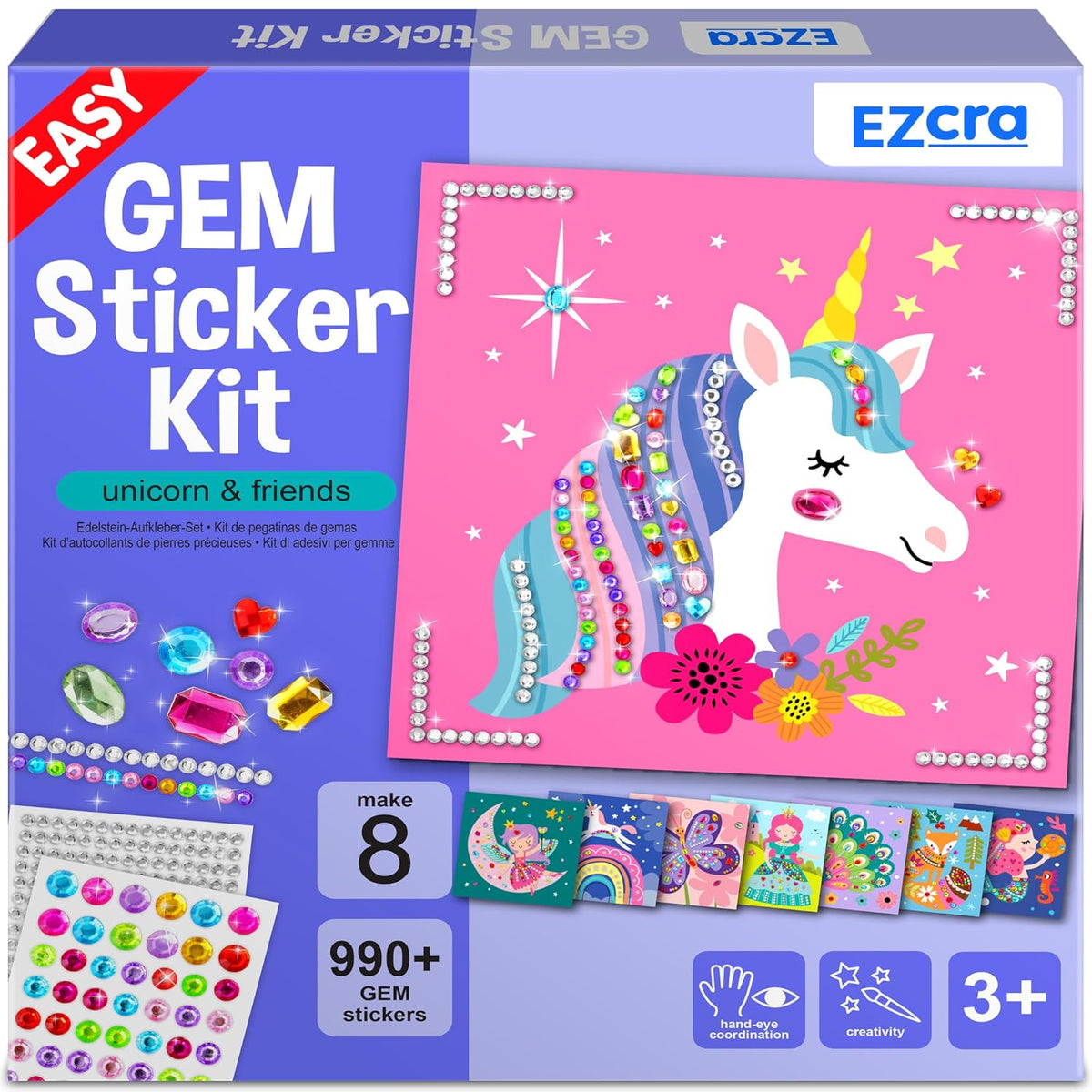 Easy Arts And Crafts For Kids - Fun Gem Sticker Kit - 8 Unicorn Princess Themes, 990+ Stickers - Gem Art For Kids - Diamond Art Kits - Gifts For Girls Ages 3-8