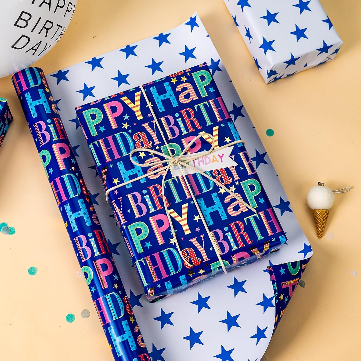 Blue Birthday Wrapping Paper Roll - Colorful Happy Birthday Letters With Metallic Foil Shine & Stars Reversible Gift Wrap For Boys Baby Shower, Party - Mini Roll - 17 Inch X 16.5 Feet