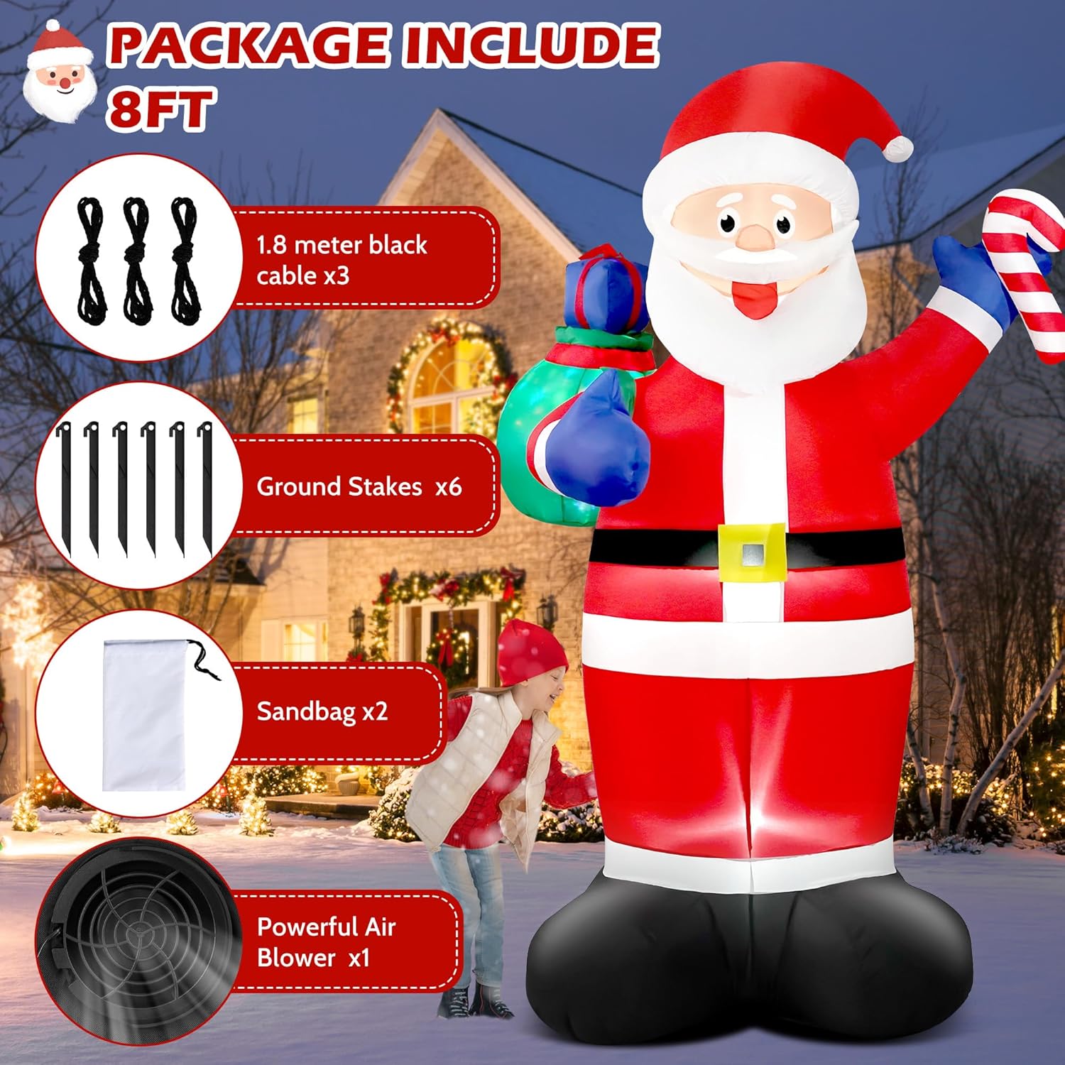 8 Ft Christmas Inflatable Santa Claus With Big Flashing Gift Bag Outdoor Decor, Giant Blow Up Santa With Candy Ip44 Weat