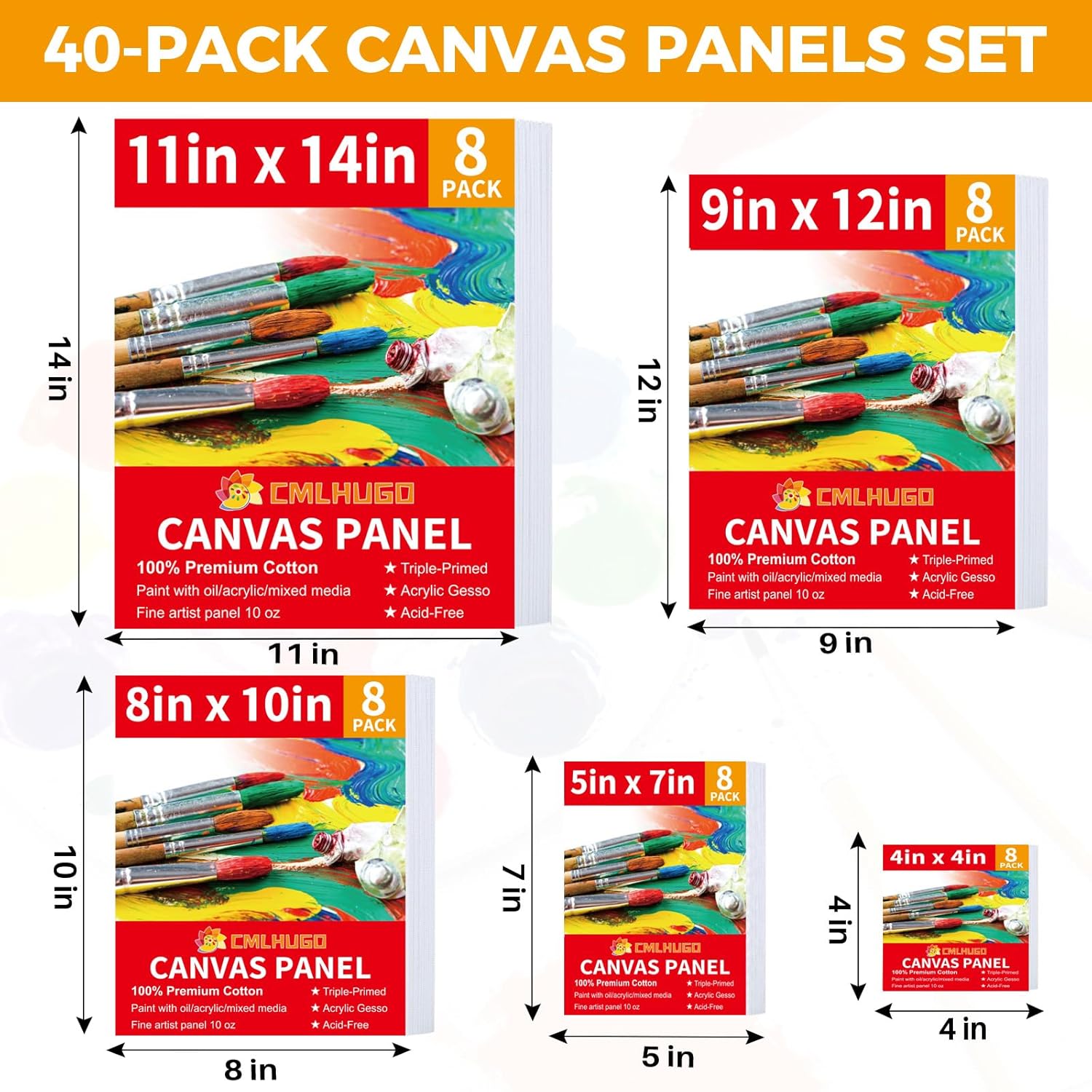 40 Pack Stretched Canvas Boards For Painting 8 Of 4X4, 5X 7, 8X10, 9X12, 11X14 Art Blank Canvases, Gesso Primed 100% Cotton Canvas Panels For Acrylic Oil Watercolor Adults & Kids