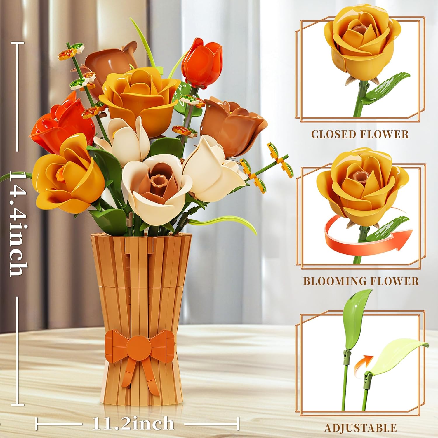 Flowers Set With Vase For Adults Compatible With Lego Flowers, Icon Roses Bouquet Botanical Collection Kits Artificial Flower Set, Valentines Day Gifts For Her Him Kids 14+, Home Office Decorations