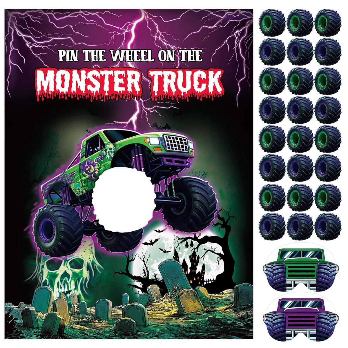 Monster Truck Birthday Games Pin The Wheel On The Monster Truck Green And Purple Trucks Poster With Stickers Blindfolds For Birthday Decorations Cars Party Games Activities Supplies