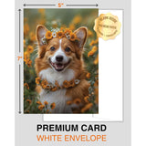 Charming Corgi With Flowers Greeting Card - Blank Inside For Personalized Messages, Premium Cardstock, Invitation Style White Envelope, Unique Artwork, Made By Small Business In Usa
