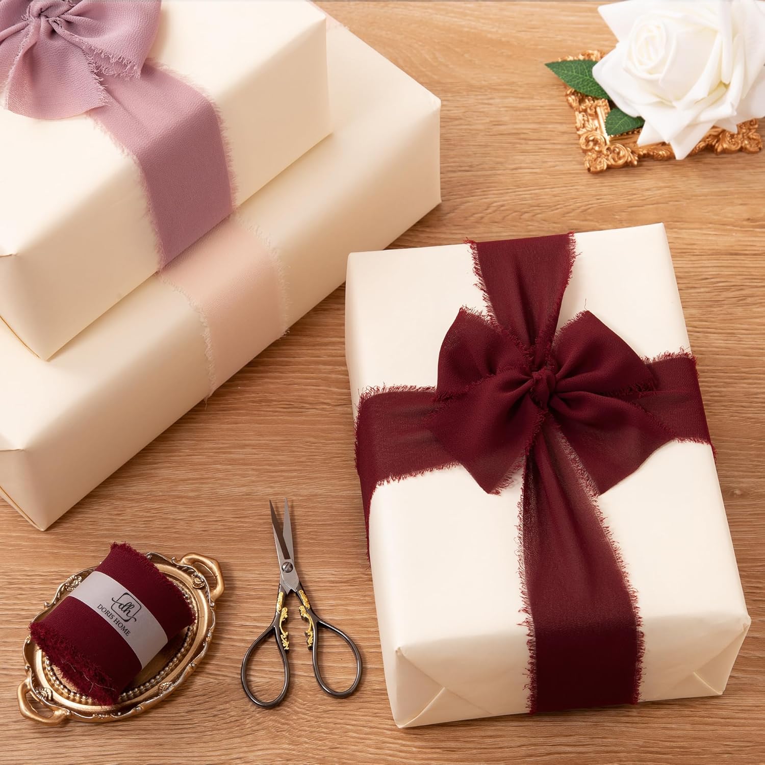 Burgundy Chiffon Ribbon For Flower Bouquet, 2" X21Yd Fabric Ribbon For Gift Wrapping, Handmade Frayed Ribbon For Wedding, Chiffon Silk Ribbon For Christmas Decorations