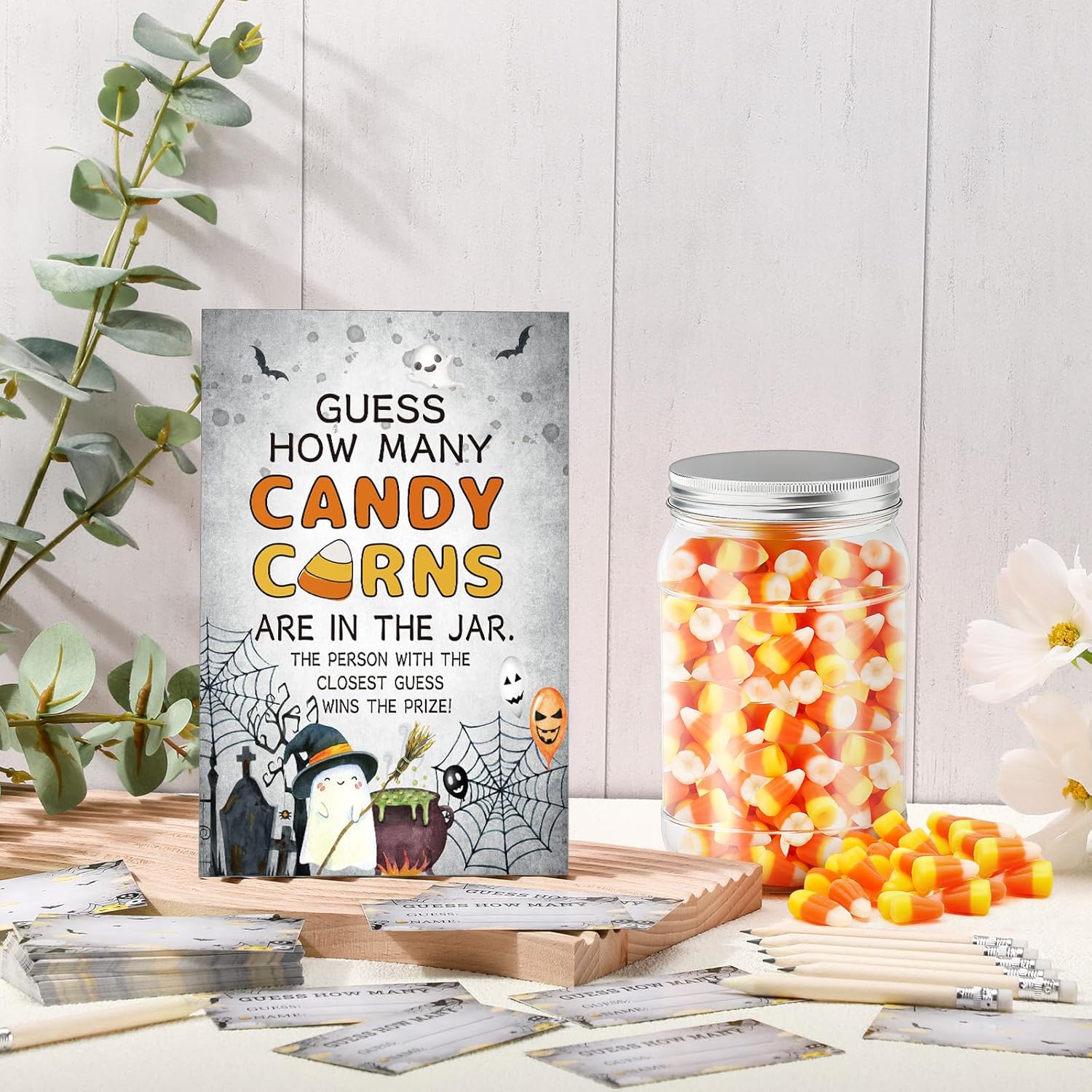 Guess How Many Candy Corns Halloween Party Game 50 Guessing Cards 20 Pencils 1 Jar 1 Standing Sign Halloween Baby Shower Party Game For Adults Guess How Many Candies Are In The Jar