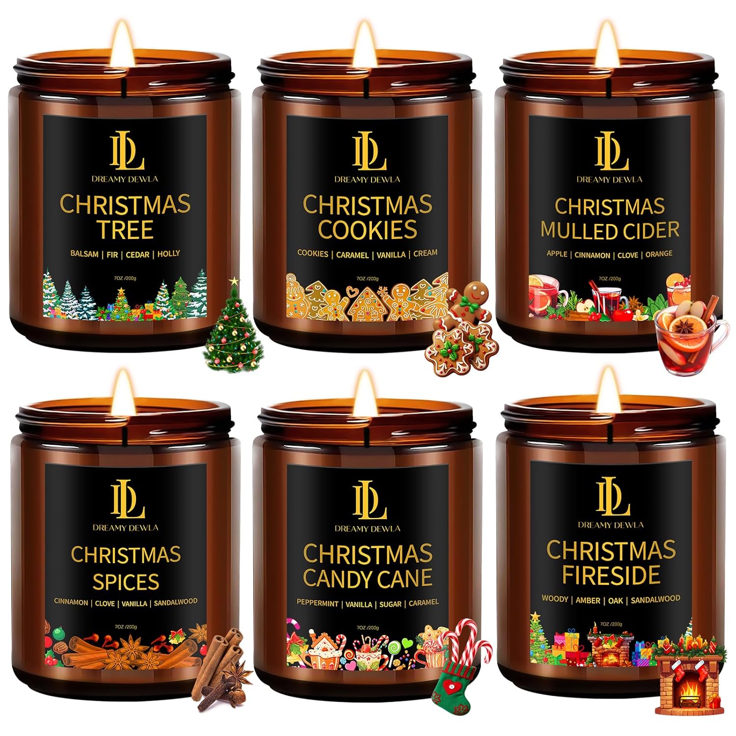 Christmas Candle Set, 6 Pack Holiday Scented Candle, Soy Candle For Home Scented, Christmas Holiday Candles Gift For Women Men, Scents Of Christmas Tree/Cookies/Spices/Candy Cane/Mulled Cider/Fireside