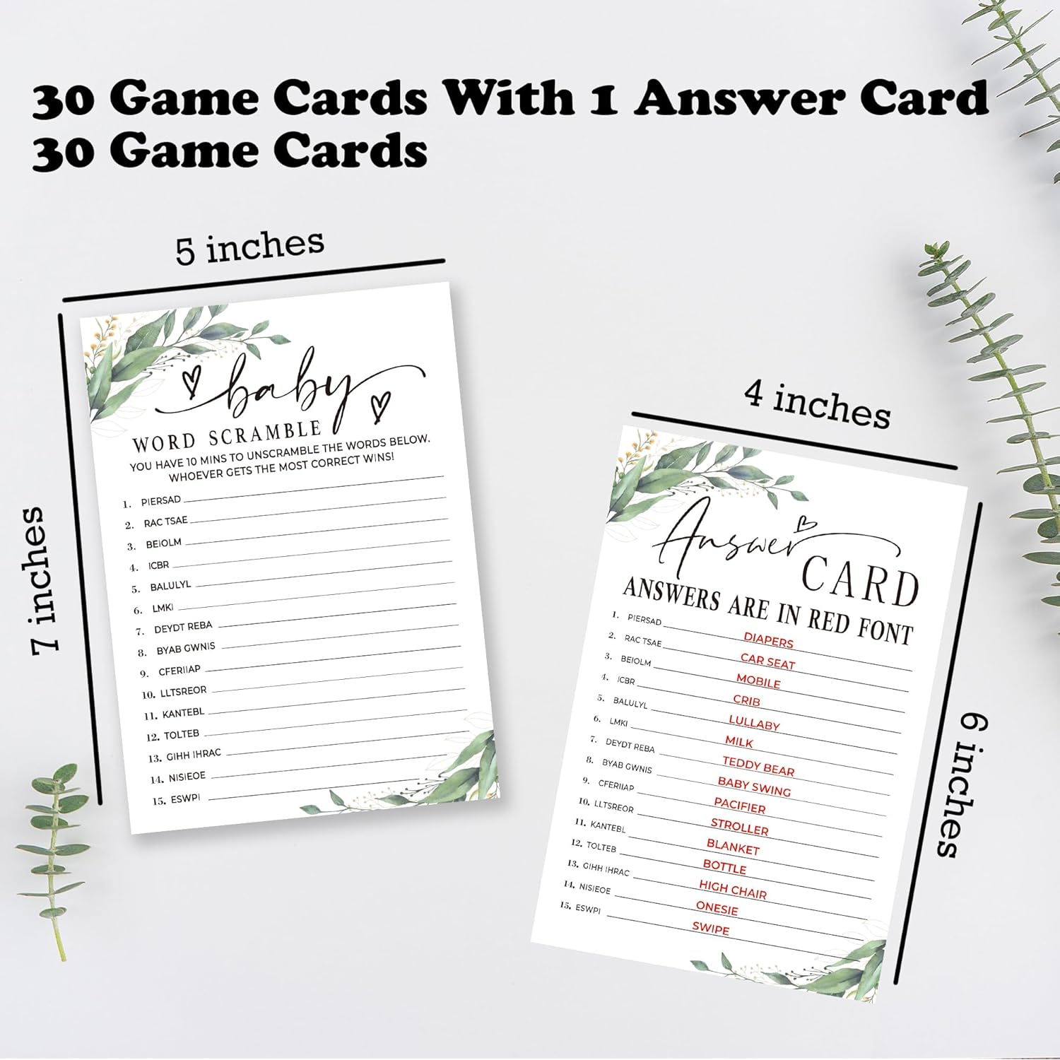 Word Scramble Game Kit For Baby Shower - 30 Greenery And White Cards With Answer Card For Girl Or Boy - Gender Reveal, Announcement, Party Favor, Decorations & Supplies-B14