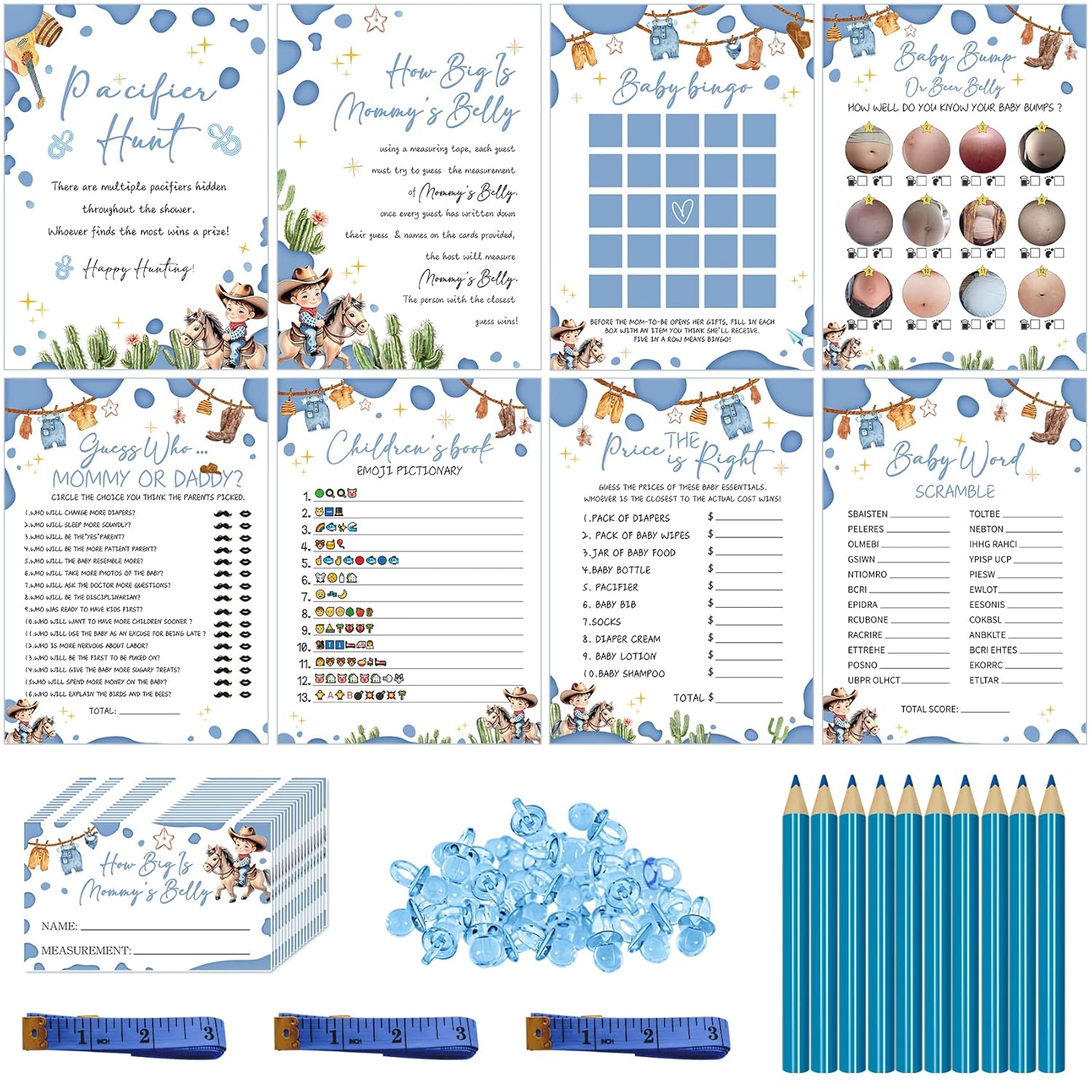 Cowboy Baby Shower Games, Pacifier Hunt, How Big Is Mommy'S Belly, Baby Bingo, Baby Bump Or Beer Belly, Guess Who Mommy Or Daddy Children'S Book Emoji Pictionary, Word Scramble, Price Is Right