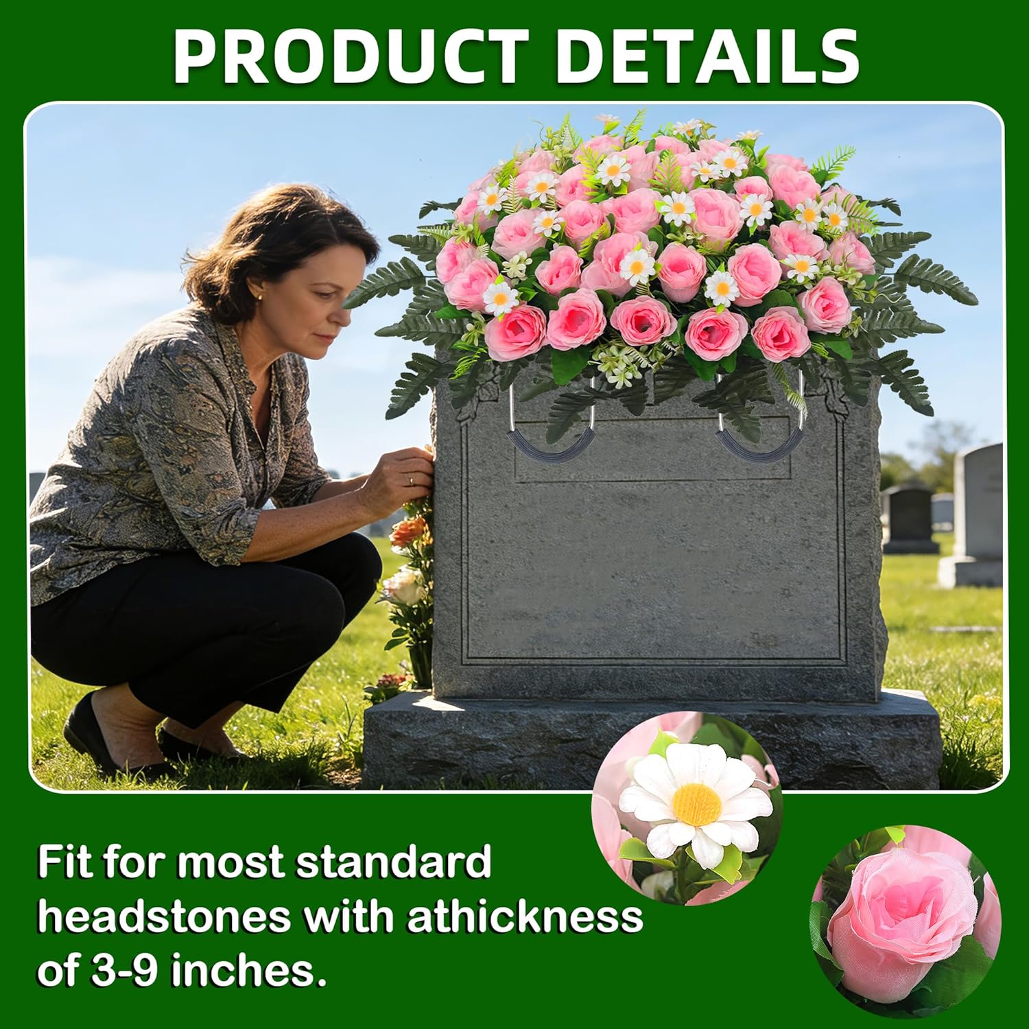Artificial Cemetery Flower Saddle – Artificial Rose Memorial Flowers, Flower Saddles For Graves– For Headstone Decorations On Memorial Day, Christmas, Valentine’S Day ? (Pink)