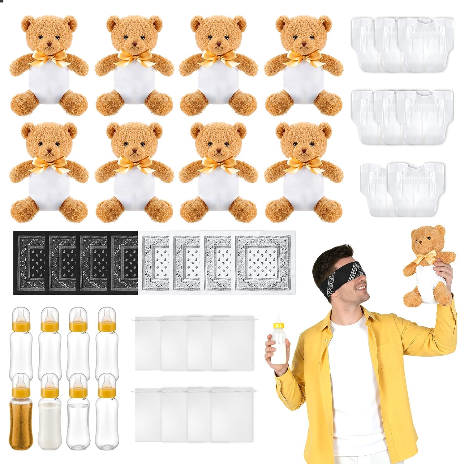 8 Set Baby Shower Games Kit, Bottle Chug Game & Brown Bear Blindfolded Diaper Changing Game With Eye Masks, Bottles & Diapers, Fun Baby Shower Party Games Guest Gifts