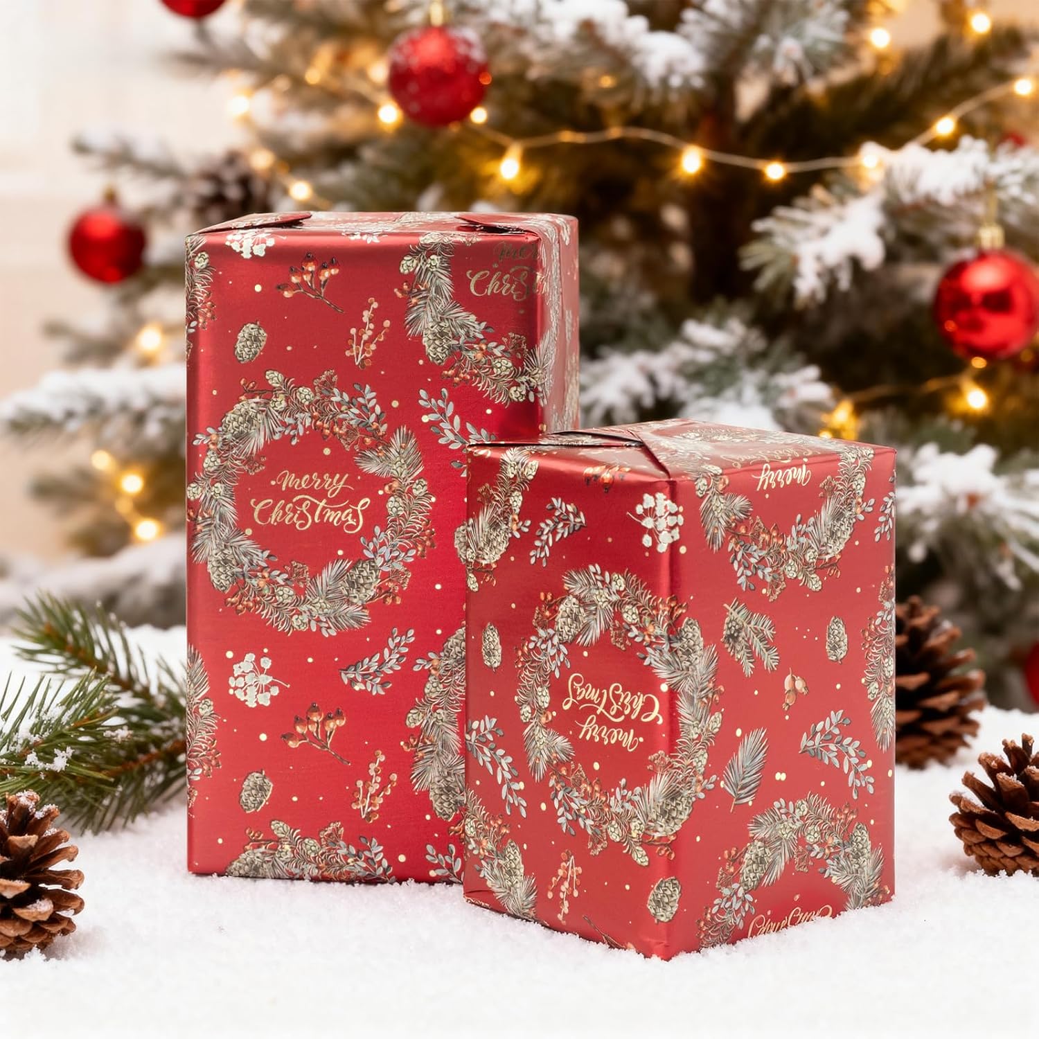 Mini Christmas Wrapping Paper Roll (17 Inches X 32.8 Feet) - Pinecones On Red With Metallic Shine For Small/Medium Gifts, Xmas Party