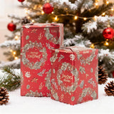 Mini Christmas Wrapping Paper Roll (17 Inches X 32.8 Feet) - Pinecones On Red With Metallic Shine For Small/Medium Gifts, Xmas Party