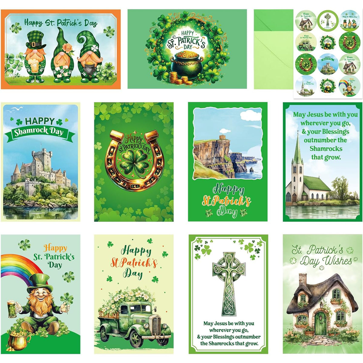 Happy St. Patrick'S Day Cards With Envelopes & Stickers 20 Pcs For Kids And Adults Irish 4X6 Inch Blessings Message Inside 10 Designs Shamrock Lucky Day Religious Saint Patricks Day Cards
