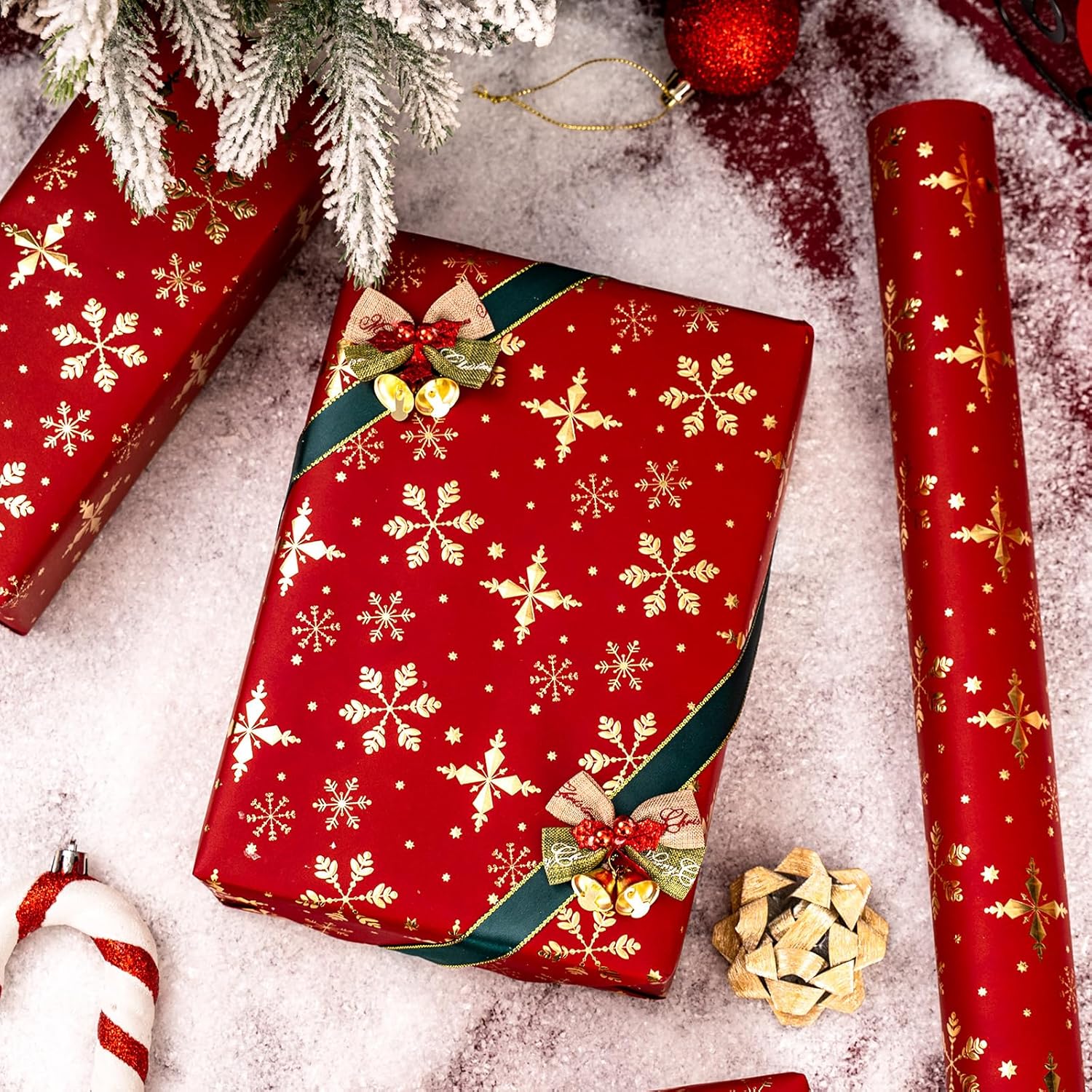 Red Christmas Wrapping Paper Roll - 3D Embossed Gold Foil Metallic Shine Snowfalkes Gift Wrap For Christmas, Winter Holiday, New Year Celebration - Mini Roll - 17 Inch X 33 Feet