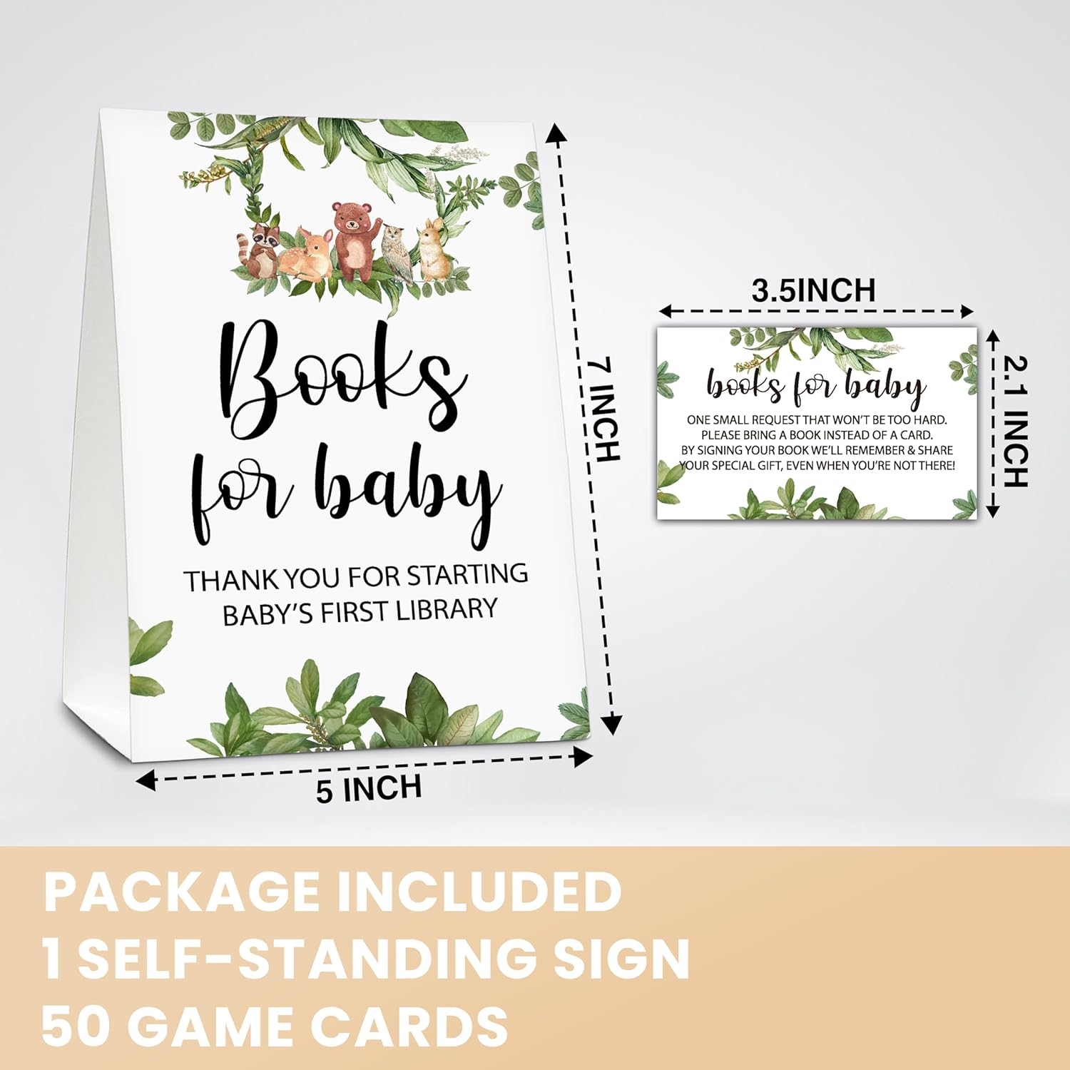 Woodland Baby Shower Party Self-Standing Book Request Sign & 50 Book Request Cards, Wild Animal Themed Book Request Card, Safari Jungle Baby Shower Decor, Baby Gender Reveal Party Game - Book-B01