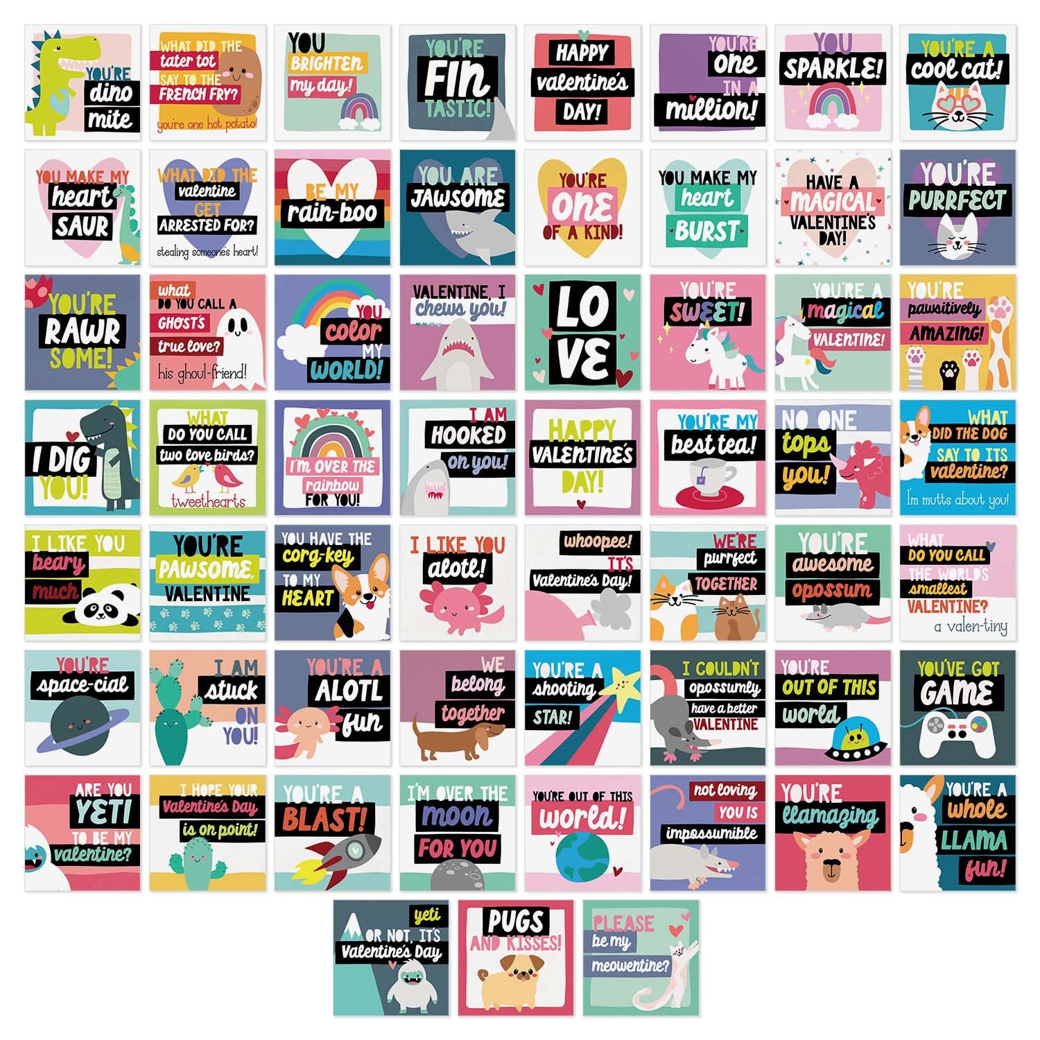 Mini Highlighted Text Valentine'S Day Cards / 60 Adorable Colorful Animal Pun To From Happy Valentine'S Day Cards / 3.5" X 3.5" Flat Double Sided Cute Love Day Classroom Card Pack / Made In The Usa