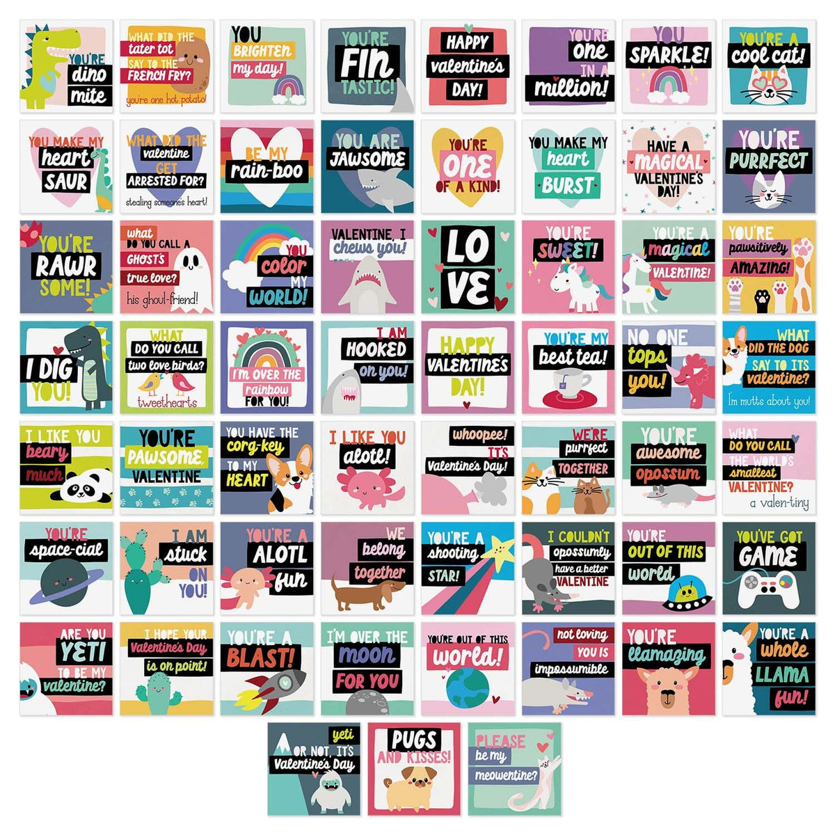 Mini Highlighted Text Valentine'S Day Cards / 60 Adorable Colorful Animal Pun To From Happy Valentine'S Day Cards / 3.5" X 3.5" Flat Double Sided Cute Love Day Classroom Card Pack / Made In The Usa