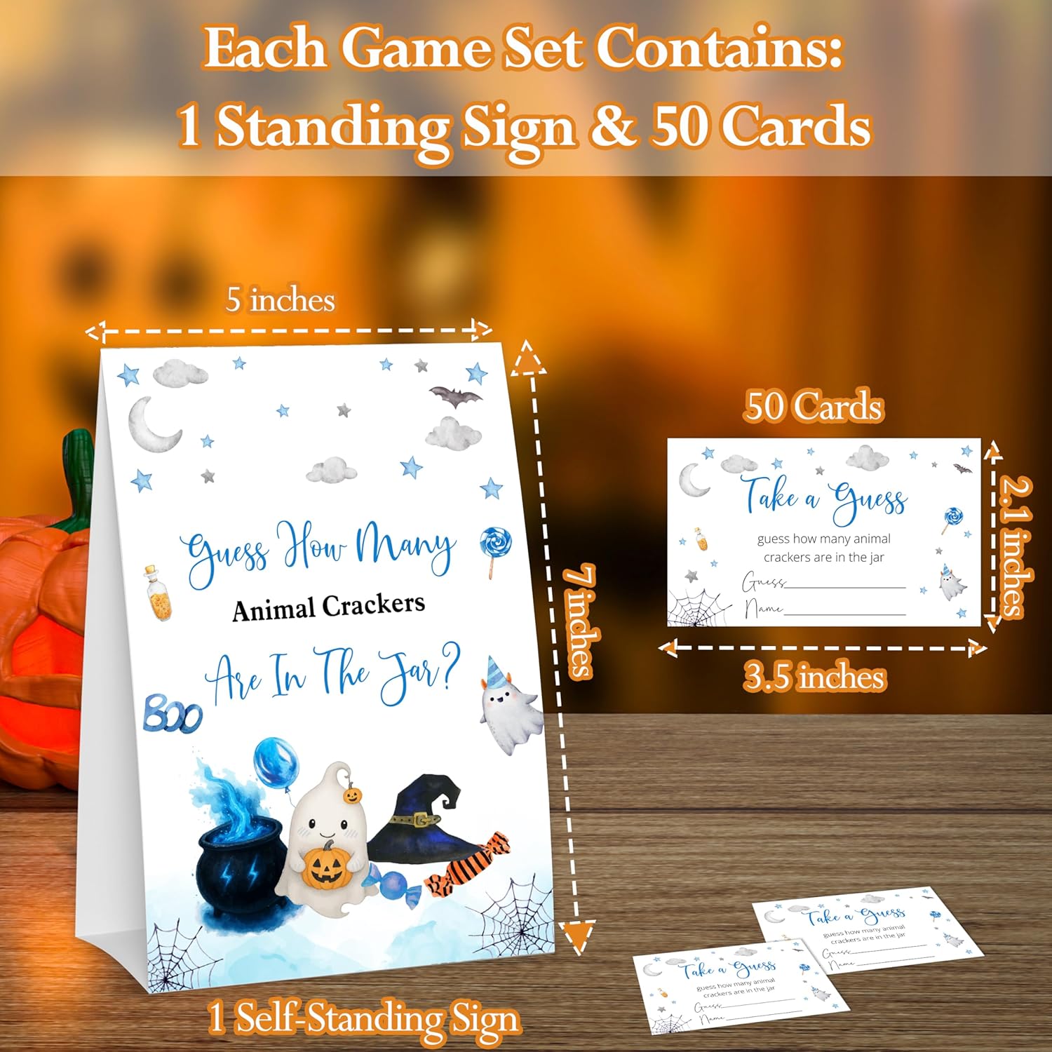 Halloween Baby Shower Games, Little Ghost Guess How Many Animal Crackers For Boys Or Girls Spooky Gender Reveal Party Decorations, 1 Sign + 50 Guessing Cards - B02