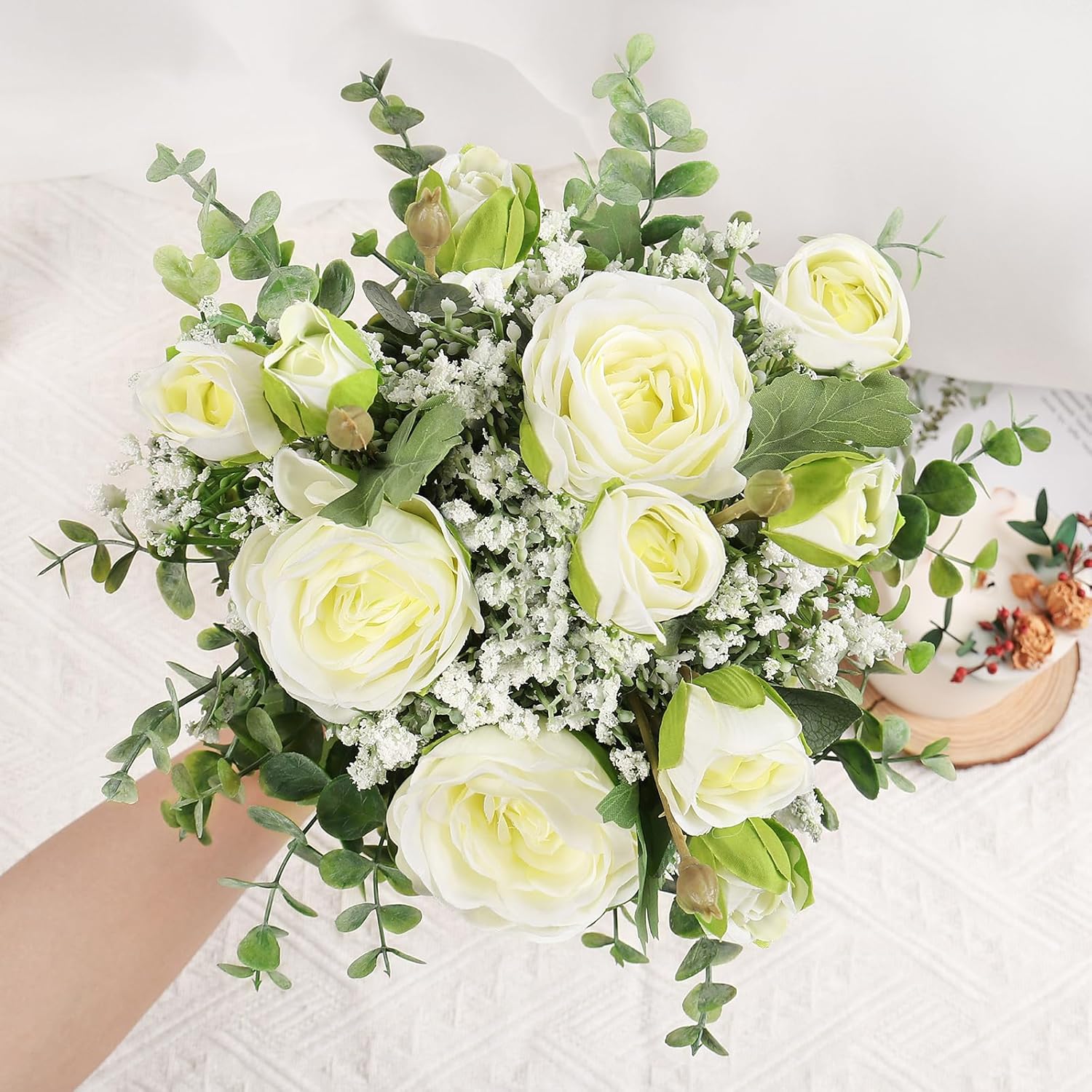 Artificial Babys Breath Flowers Silk White Peony Roses Eucalyptus Leaves Wedding Bridal Bouquets For Table Centerpieces (2 Bundles)