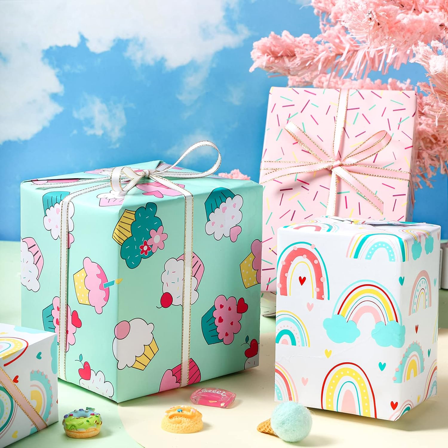 Mini Wrapping Paper Roll - Mini Roll - Cupcake/Rainbow/Colorful Stripe For Birthday, Party, Holiday, Baby Shower - 17 X 120 Inches - 3 Rolls (42.5 Sq.Ft.Ttl.)