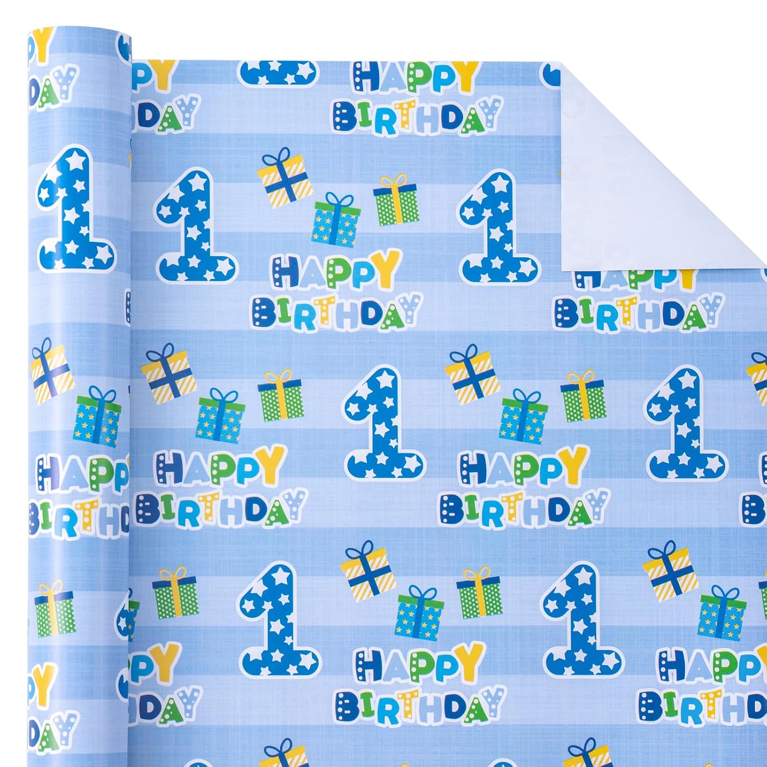 1St Birthday Wrapping Paper - Mini Roll - 17 Inch X 33 Feet - Blue Happy Birthday With Gift Box Design For Boys Kids, Baby Shower, Party, Holiday