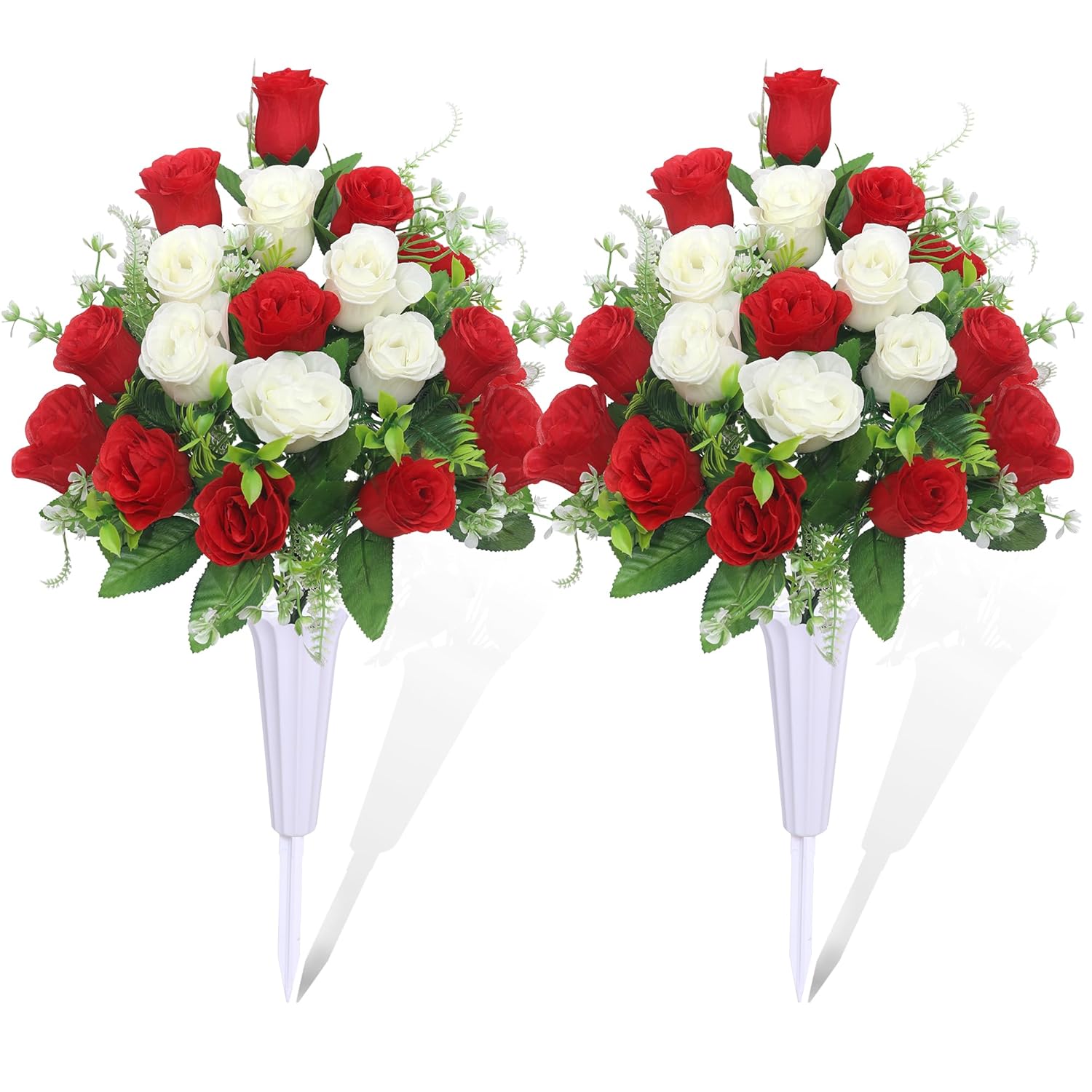 Set Of 2 Artificial Cemetery Flowers, Grave Memorial Flowers With Vase, Outdoor Grave Decorations Roses For Cemetery Headstones Decoration (Red White)