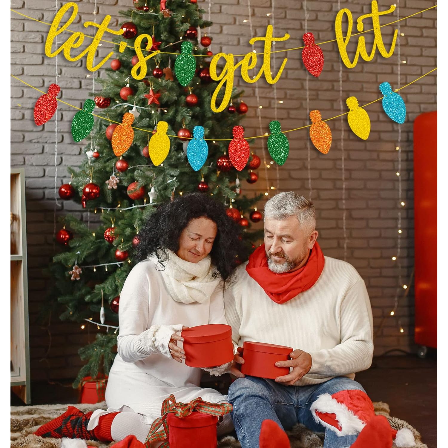 Gold Glittery Let'S Get Lit Banner And And Colorful Glittery Christmas Lightbulb Themed Banner Christmas Garland Signs Christmas Holiday Party Supplies For Mantle Fireplace Wall