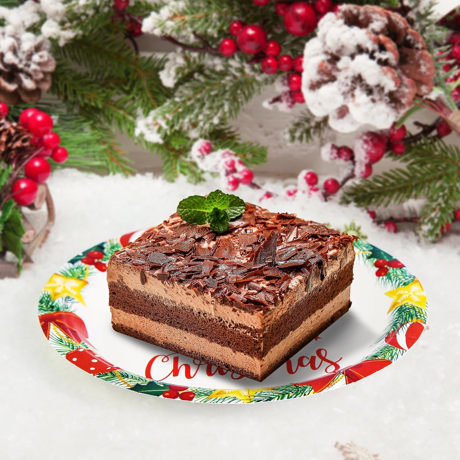 50 Pack Christmas Paper Plates 7 Inch, Merry Christmas Antlers Disposable Paper Plates Christmas Dessert Plates Salad Plates For Christmas Party Supplies (White)