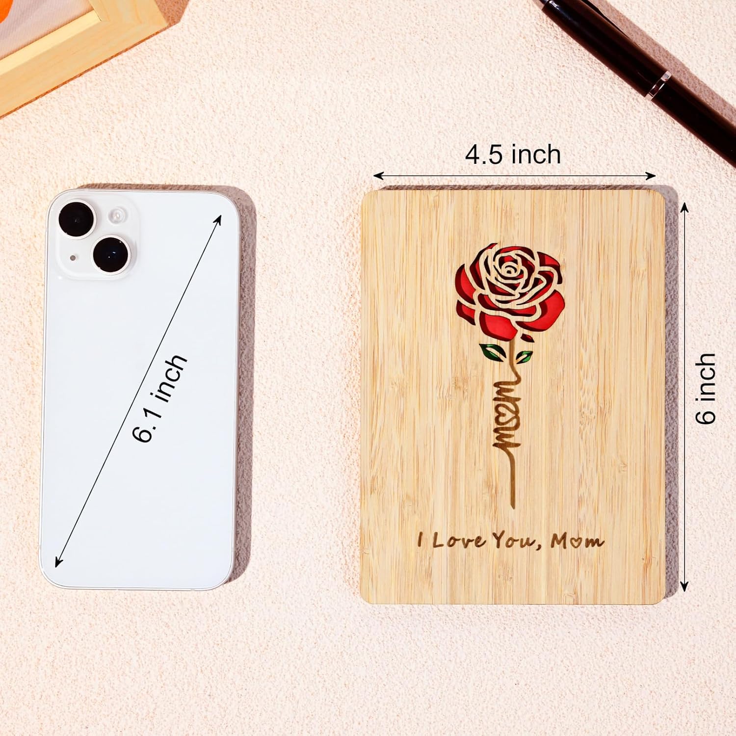Mom Birthday Card, Mothers Day Card, Mom Gifts From Daughter Son, Handmade Wooden Greeting Card With Stand And Red Envelop
