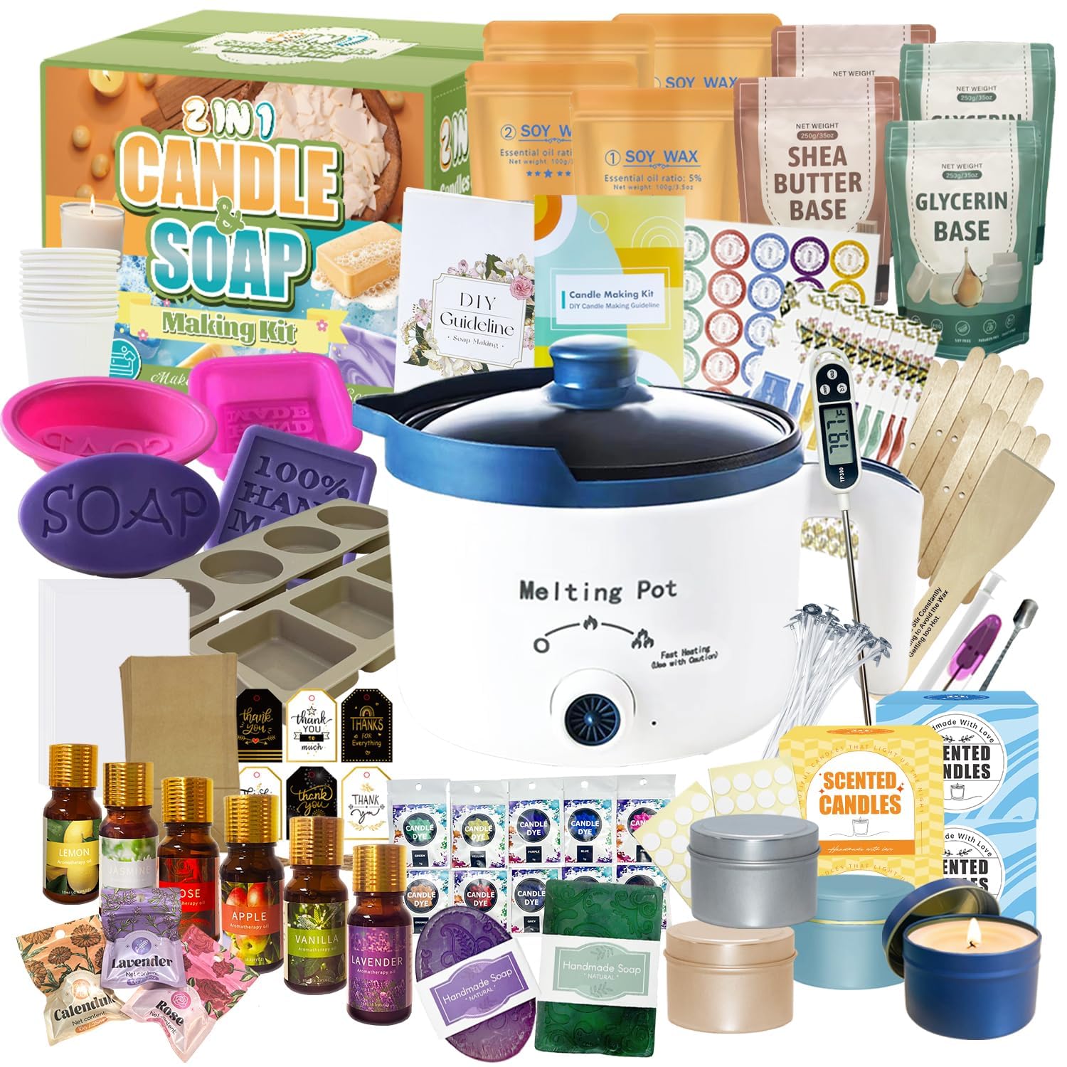 2-In-1 Candle & Soap Making Kit For Beginners, All In One Complete Diy Craft Kit To Make Handcrafted Soap Bars + Scented Candles With Melting Pot, Wax, Soap Base, Molds, Fragrance Oils And Dyes