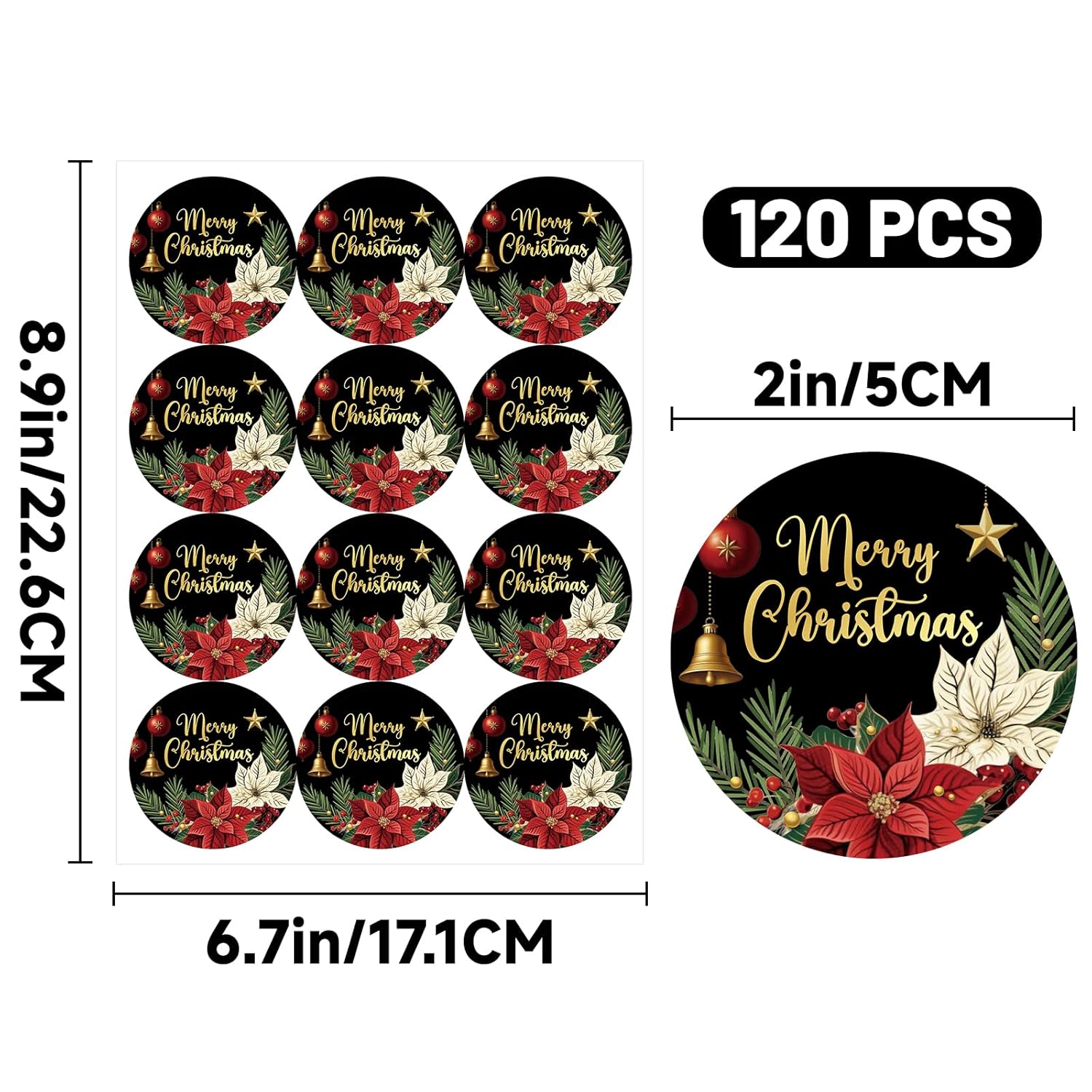 Merry Christmas Stickers - 2 Inch Holiday Stickers 120Pcs Large Round Christmas Card Sticker Labels Self-Adhesive Xmas Poinsettias Sticker For Envelope Seals Card Ornament (Black)