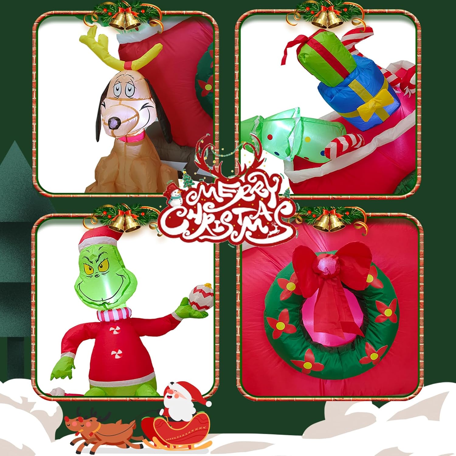 6 Ft Inflatable Christmas Decorations - Green Monster & Dog Max On Sleigh With Led Lights