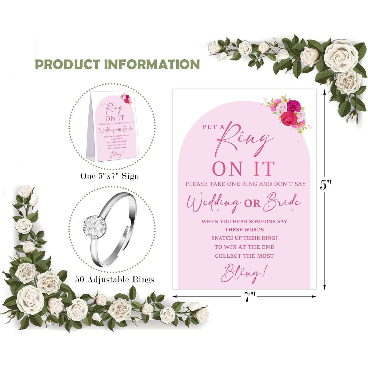 Pink Floral Don'T Say Bride Or Wedding Game, Put A Ring On It Bridal Shower Game With 50 Fake Rings, Modern Bridal Shower Decorations, Wedding Shower Or Bachelorette Party Supplies - 05